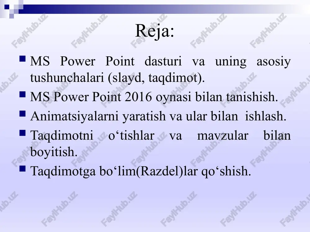 hish uchun mo’lljalangan materiallar. ular bir betda ikki, to’rt yoki olti slaydlar chop etilgan bo’ladi. ma’ruza konspekti - power pointda prezentatsiya ustida ishlash jarayonida yaratilgan ma’ruza konspekti. chop etish vaqtida ma’ruza konspektining har bir betida slayd va tekstning mazmunini tushuntiruvchi kichiklashtirilgan tasvir chiqarilgan bo’ladi. prezentatsiya strukturasi (tuzilishi) - faqatgina slayd sarlavxasini, shuningdek grafik tasvirsiz asosiy matnni va maxsus shakllantirishi ichiga olgan hujjat. prezentatsiyalar yaratish 7 faylni saqlash formatlari: slaydlar bilan ishlash rejimi avtomundarija ustasi bilan ishlash. 10 prezentatsiyalarga diagramma va grafiklardan foydalanish smart art menyu bo‘limida diagrammalardan foydalanish. microsoft office powerpoint 2010 da jadvallar slaydlar razmetkasi 14 slayd dizayni 15 rangli sxema 16 annimatsiya effektlari 17 annimatsiyalarni sozlash 18 rasmlar qo‘yish 19 video va ovoz qo‘yish 20 ovoz jo‘rligida presentatsiyalarni hosil qilish. 21 gipermurojaatlar 22 eslatma sahifalarini yaratish eslatmalar sahifalarida barcha mavjud qaydlar va taqdimot slaydlari mavjud.eslatmalar sahifalarida barcha mavjud qaydlar va taqdimot slaydlari mavjud. sarlavha va kolontitullarini kiritish boshqarish …