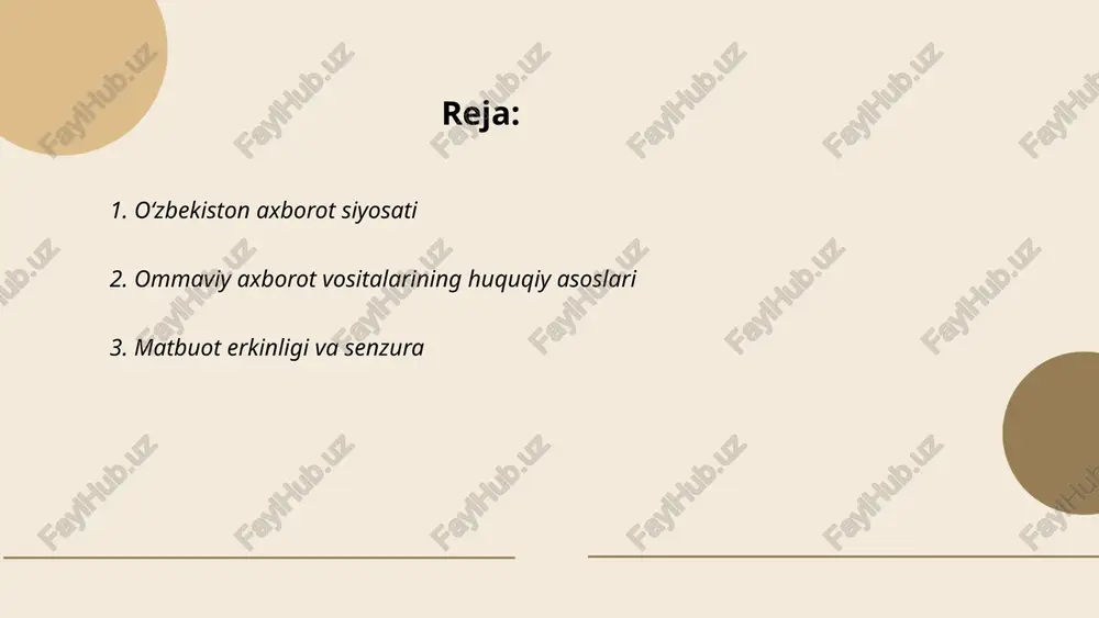 ni taqdim etadi, unda 180 davlatning matbuot erkinligi holati baholanadi. 2023-yilgi hisobotga ko‘ra, o‘zbekiston 133-o‘rinda joylashgan. senzura ko‘plab mamlakatlarda hukumat tomonidan amalga oshiriladigan jarayondir, u axborotni nazorat qilish va ba'zi ma’lumotlarni ommaga yetkazib bermaslik uchun xizmat qiladi. o‘zbekiston respublikasi konstitutsiyasi 67-moddasiga ko‘ra, matbuot va axborot vositalari uchun senzura yo‘q qilinishi lozim. lekin amalda senzura va o‘z-o‘zini senzura qilish holatlari uchrab turadi. ... t.me/slaydai_bot 4. axborot xavfsizligi axborot xavfsizligi sohasida ma'lumotlar va tizimlarni himoya qilish muhim ahamiyatga ega. 2020-yilda o'zbekistonda kiberhujumlarning soni 30% ga oshdi. bugungi kunda kompaniyalar o'rtacha 6 million so'mni axborot xavfsizligiga sarflaydilar. ko'p hollarda hujumlar foydalanuvchilarning parollarini o'g'irlash orqali amalga oshiriladi. 2019-yilda dunyo bo'ylab 4,1 milliard ma'lumotlar buzilgan. shaxsiy va korporativ ma'lumotlarni himoya qilish uchun parolni muntazam yangilash va ikki faktorli autentifikatsiyadan foydalanish tavsiya etiladi. 2021-yilda global kiberxavfsizlik xarajatlari 150 milliard dollarga yetdi. o'zbekistonda axborot xavfsizligi bo'yicha qonunchilik takomillashtirilmoqda va ko'plab yangi choralar ko'rilmoqda. ... t.me/slaydai_bot ommaviy axborot …