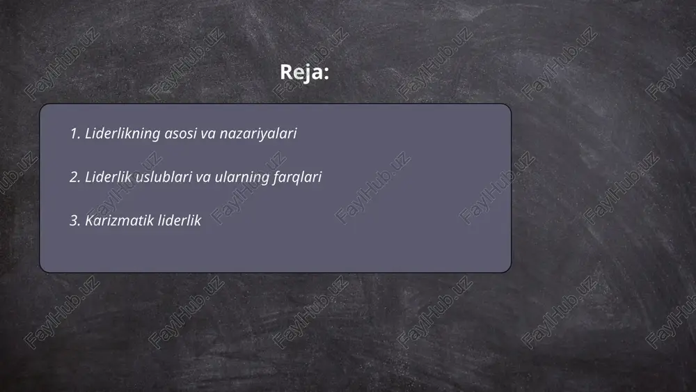 qabul qilishga yordam bersa, demokratik uslub katta ishtirokni rag‘batlantiradi. ... t.me/slaydai_bot karizmatik liderlik, odamlarni o'ziga jalb etuvchi va ularga ilhom beruvchi boshqaruv uslubidir. bu liderlik uslubi asoslari o'z ichiga ishonch, joziba va kuchli kommunikatsiya qobiliyatlarini oladi. karizmatik liderlar ko'pincha o'z ideallari orqali boshqalarga ta'sir ko'rsatadilar va o'z izdoshlari orasida yuqori darajadagi ishtirok va ularning fidoyiligi bilan taniladilar. ular tez-tez o'z tashkilot yoki jamiyatlarida yangi yo'nalishlar yoki islohotlar kiritishadi. ushbu liderlik uslubi bilan bog'liq tadqiqotlar shuni ko'rsatadiki, karizmatik liderlar, odatda, ishonch darajasini 20-30 foizga oshirishlari mumkin, bu esa jamoaviy ish faoliyatini sezilarli darajada yaxshilaydi. karizmatik liderlar, shuningdek, o'z missiyalari va vizyonlarini 40-50% ko'proq samarali tarzda etkaza olishlari aniqlangan. ... t.me/slaydai_bot 4. transformatsion liderlik transformatsion liderlik zamonaviy boshqaruvda muhim o‘rin egallaydi. bu uslubda liderlar o‘z jamoalarini yuqori ilhomlantirish va motivatsiya qilish orqali yuksaltirishni maqsad qiladilar. transformatsion liderlar o‘z jamoalarining tarang ishlashini ta’minlash uchun o‘zgarishlar va yangiliklarni qo‘llaydi. ushbu liderlik modeli to‘rtta asosiy …