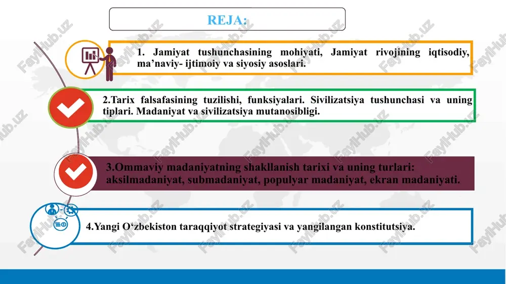 ga muvofiq ravishda atrof muhitni qayta qurishga yo‘naltirilgan faoliyati tashkil etadi. jamiyatni rivojlanuvchi yaxlit tizim sifatida o‘rganuvchi falsafaning alohida sohasi, bo‘lib, jamiyat, inson, ijtimoiy taraqqiyot va ijtimoiy bilishning eng umumiy qonunlari to‘g‘risida bahs yuritadigan fandir. abu nasr forobiy platon va aristotel asarlariga tayanib, jamiyatning kelib chiqishi asosida tabiiy ehtiyojlarni qondirish yotadi degan g‘oyani ilgari surgan. tabiiy ehtiyoj kishilarni birlashishga, jamoaga uyushuviga olib kelgan. fransuz marifatparvar faylasufi jan-jak russo (1712-1778) bir vaqtlar insonlar tenglikda yashagan ideal jamiyat bo‘lganini, unda hamma narsa barchaniki bo‘lganini, bunday jamiyat ortda qolganini afsuslanib yozadi. ijtimoiy falsafa jamiyat haqidagi qarashlar jamiyat haqidagi qarashlar 2. jamiyatning asosiy sohalari va ularning o‘zaro aloqadorligi iqtisodiy soha jamiyat rivojlanishining tabiiy va zaruriy sharti bo‘lgan moddiy nematlar – tovar va xizmatlarni ishlab chiqarish, taqsimlash, ayirboshlash va istemolini taminlovchi tizimidan tashkil topadi. jamiyatning siyosiy sohasiga hokimiyat masalasi atrofida mujassam bo‘lgan tashkilot va muassasalar, xususan, davlat, ijtimoiy tashkilotlar va partiyalar; munosabatlar, siyosiy ong va …