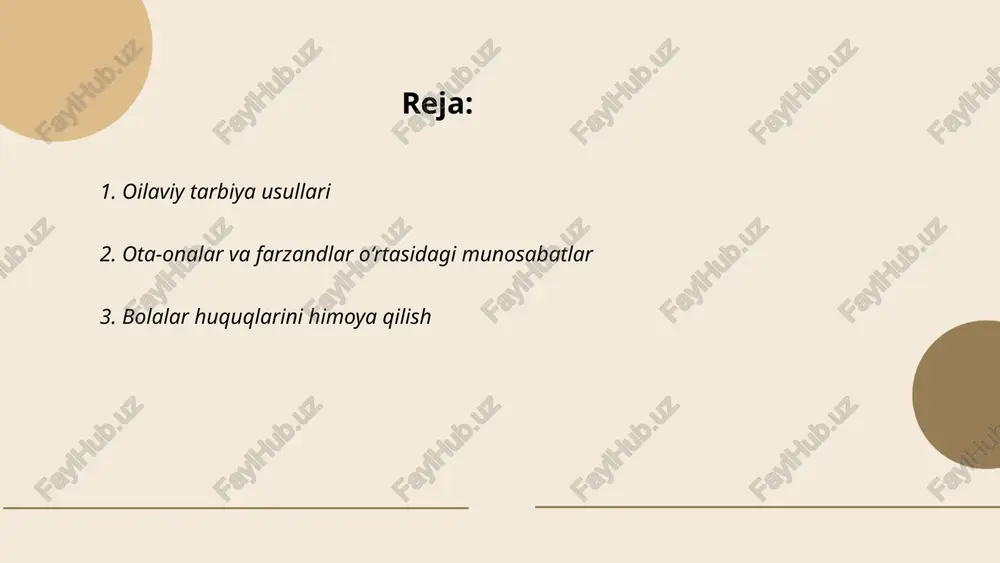 qlash, shaxsiy xavfsizlik va mehnatdan himoya qilish huquqlari belgilangan. mamlakatda bolalar huquqlarini himoya qilish uchun maxsus qonunlar va davlat dasturlari amalga oshirilmoqda. 2019-yilda "bolalar himoyasi to'g'risida"gi yangi qonun qabul qilingan. unicef bilan hamkorlikda turli loyihalar amalga oshirilmoqda. 2020-yilda butun dunyo bo'ylab taxminan 2 milliard bola bor edi, shundan 386 million bola qashshoqlikda yashaydi. o'zbekistonda har beshinchi bola qashshoqlik xavfiga duch keladi. ... t.me/slaydai_bot oila ijtimoiy muammolari turli xil omillar bilan bog‘liq bo‘lishi mumkin, jumladan, iqtisodiy noaniqlik, ta'lim darajasi pastligi, ishsizlik va qashshoqlik darajasining oshishi. statistika shuni ko‘rsatadiki, o‘zbekistonda oilaviy ajrashishlar soni oxirgi yillarda oshib bormoqda. 2020 yilda ajrashishlar soni 35 mingdan oshgan. ijtimoiy muammolarni bartaraf etish uchun manzilli dasturlar, ta'lim va moliyaviy qo‘llab-quvvatlash choralarini kuchaytirish zarur. hozirgi paytda o‘zbekiston hukumati oilalarni qo‘llab-quvvatlash maqsadida ijtimoiy yordam dasturlariga e'tibor qaratmoqda, jumladan, kambag‘allik darajasini 14 foizgacha kamaytirishni rejalashtirmoqda. ... t.me/slaydai_bot oilaviy ziddiyatlar asosan kommunikatsiya yetishmasligi, moliyaviy qiyinchiliklar yoki tarbiyaviy yondashuvdagi tafovutlar sababli kelib …