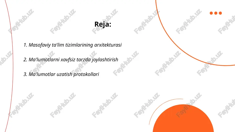 protokollari ma'lumotlar uzatish protokollari kompyuter tarmoqlarida aloqani tashkil etuvchi qoidalar to'plamidir. internetda keng tarqalgan protokollar tcp/ip bo'lib, tcp (transmission control protocol) ma'lumotlarni ishonchli uzatishni ta'minlaydi. ip (internet protocol) manzillash va paketlarni tugatish punkti aniqlash uchun javobgardir. shuningdek, udp (user datagram protocol) ma'lumotlarni tez, lekin kamroq ishonchli uzatishni taklif etadi. http (hypertext transfer protocol) web sahifalarni yuklash uchun ishlatiladigan protokoldir. https (http secure) esa xavfsiz aloqani ta'minlaydi. ftp (file transfer protocol) fayllarni uzatish uchun ishlatiladi. har bir protokol o'ziga xos xususiyatlari va qo'llanilish doirasi bilan ajralib turadi. ... t.me/slaydai_bot elektron pochta orqali ma'lumot uzatish usullari orasida xabar matnini va fayllarni biriktirish darhomi keng qo‘llanadi. xabar matni oddiy matn yoki html shaklida bo‘lishi mumkin, bu dizayn jihatidan boyroq xabarlarni yaratishga imkon beradi. fayllarni biriktirish esa hujjatlar, rasmlar, va boshqa turdagi ma'lumotlar almashinuvi uchun foydali. fayllar odatda 25 mb gacha bo‘lishi mumkin, ammo bu limit pochta xizmati va mijoz dasturiga qarab o‘zgarishi mumkin. …