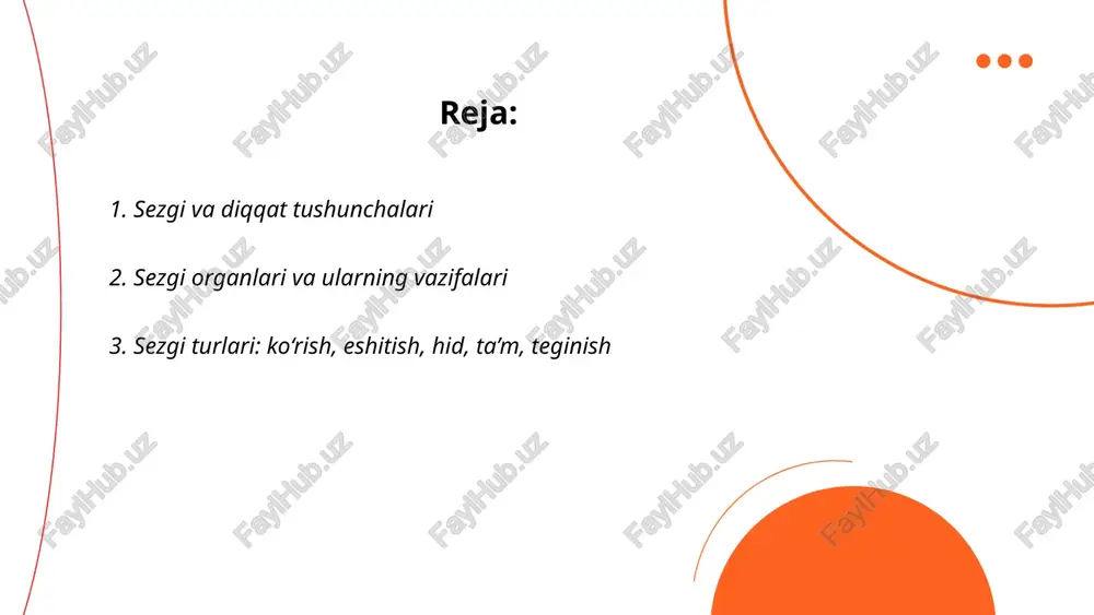 ni pasaytiradi, markaziy adaptatsiya miya signalini filtrlash va e'tibor yo'naltirish orqali ishlaydi. adaptatsiya tez (soniyalar–daqiqalar) va sekin (daqiqalar–soatlar) bosqichlarga ega. funktsiyasi ortiqcha yoki doimiy stimullardan himoya qilib, yangi va muhim signallarga e'tiborni oshirishdir. misollar: hidga odatlanish, teri ta'siriga moslashuv, yorug'lik va qorong'uga moslashish. ... t.me/slaydai_bot sezgi chegaralari organizmning eng past sezgiluvchi stimulus intensivligini ifodalaydi. absolyut sezgi chegarasi birlik modalitet uchun minimal stimulus kuchidir. farq chegarasi (jnd) ikkita stimulus orasidagi minimal seziladigan taqsimotdir; weber qonuni bu farqni nisbiy munosabati bilan tasvirlaydi. stimul chegarasi esa maʼlum bir javobni boshlash uchun zarur bo‘lgan stimulus darajasidir. chegaralar adaptatsiya, diqqat, shaxsiy o‘ziga xoslik va fon shovqini bilan o‘zgaradi. ... t.me/slaydai_bot idrok jarayoni sezgi organlaridan ma'lumot qabul qilish, transduksiya signalni nerv impulslarga aylantirish, uzatish afferent yo'llar orqali, markaziy ishlov berish kortikal va subkortikal tarmoqlarda, integratsiya bir nechta modalitetlarni birlashtirish, xususiyat aniqlash, parallel va seriya ishlov, selektiv e'tibor orqali filtrlash, sensorli xotira va adaptatsiya mexanizmlari, yuqoridan pastga …