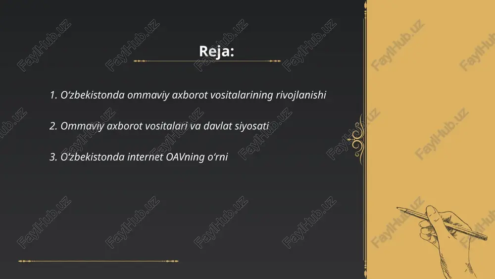 gazeta.uz, kun.uz va daryo.uz. internet foydalanuvchilarining umumiy soni qariyb 26 millionni tashkil etadi, va shundan 70 foizdan ortigʻi muntazam ravishda onlayn oavlardan yangiliklarni kuzatib boradi. mobil internet foydalanuvchilari soni ham ortib, 80 foizga yetgan. ushbu koʻrsatkichlar internet oavlarining axborot tarqatishda tobora muhim rol oʻynayotganidan dalolat beradi. ... t.me/slaydai_bot matbuot erkinligi o'zbekistonda muhim masala bo'lib, so'nggi yillarda ba'zi ijobiy o'zgarishlar kuzatildi. 2023 yilgi jahon matbuot erkinligi indeksida o'zbekiston 2022 yildagi 156-o'rindan 137-o'ringa ko'tarildi. shu bilan birga, senzura mavzusi hali ham dolzarb bo'lib, davlat tomonidan nazorat va cheklovlar mavjud. misol uchun, rossiya va boshqa davlat axborot agentliklarining ma'lum materiallari tez-tez bloklanadi. o’zbekistonda oavlar davlat ro'yxatidan o'tishi shart bo'lib, qattiq qonuniy nazoratda turadi. bloggerlar uchun ham ayrim cheklovlar mavjud bo'lib, jamoat xavfsizligiga tahdid mavzularida yozish qiyinlashmoqda. ... t.me/slaydai_bot oʻzbekistonda televideniye va radio faoliyati 1928 yilda ilk radiostansiya ochilishi bilan boshlangan. 1956 yilda toshkentda birinchi televideniye eshittirishlari yoʻlga qoʻyilgan. bugungi kunga kelib, oʻzbekistonda davlat …