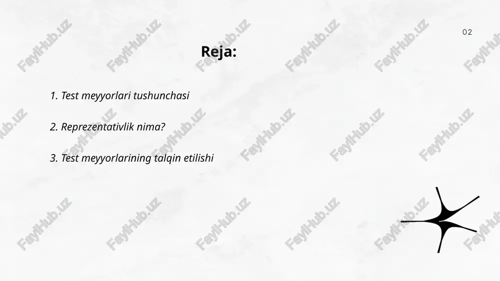 kerak. bu holatda reprezentativlik yuqori bo'ladi. ... t.me/slaydai_bot 3. test meyyorlarining talqin etilishi test natijalarini diagnostika qilishda muhim ahamiyatga ega. test natijalari odatda me'yorlar bilan solishtiriladi, bu esa normal ko'rsatkichlarni aniqlashga yordam beradi. masalan, me'yordagi ko'rsatkichlar 0 dan 100 gacha bo'lgan shkalada joylashgan bo'lishi mumkin. har bir testning o'ziga xos me'yorlari bo'lib, ular yosh, jins, sog'liq ahvoli kabi omillarga bog'liq holda aniqlanadi. test natijalarining talqin etilishi turli metodologiyalar yordamida amalga oshirilishi mumkin, jumladan statistik tahlil va qiyoslash metodlari qo'llaniladi. me'yorlar, odatda, populyatsiyaning o'rtacha ko'rsatkichi bilan bog'liq holda belgilanadi. ... t.me/slaydai_bot 4. statistika va reprezentativlik statistika — bu ma'lumotlarni yig'ish, tahlil qilish va interpretatsiya qilish jarayoni bo'lib, u turli sohalarda qo'llaniladi. reprezentativlik esa statistik ma'lumotlar to'plamining umumiy populyatsiyani to'g'ri ifoda etishi darajasini bildiradi. masalan, agar siz 10,000 kishilik jamoani tahlil qilmoqchi bo'lsangiz, 100 kishilik namunani olishda barcha guruhlar vakillarining teng ishtirok etishi muhim. bunday holda, namunani to'g'ri tanlash orqali reprezentativlikni ta'minlash …