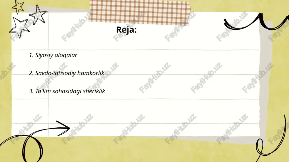 qaratgan. 2020 yilda o'zbekistonda 15 ta xalqaro universitet bilan hamkorlik yo'lga qo'yilgan. bunday hamkorliklar, ilmiy izlanishlarni rag'batlantiradi, talabalarning malakasini oshiradi va akademik almashinuv imkoniyatlarini kengaytiradi. shu tariqa, ta'lim sohasidagi sherikliklar yangiliklar, innovatsiyalar va o'sish uchun zamin yaratadi. ... t.me/slaydai_bot 4. madaniy-gumanitar almashuvlar madaniy-gumanitar almashuvlar ilm, san'at va ta'lim sohalarida davlatlar o'rtasidagi aloqalarni mustahkamlash, xalqlar o'rtasida tushunish va hamkorlikni oshirishga xizmat qiladi. har yili dunyoda minglab talabalar almashinuv dasturlari orqali chet elda tahsil oladi. misol uchun, aqsh va yevropa ittifoqi davlatlari o'rtasida yuz minglab talabalar erasmus+ va fulbright kabi dasturlarda qatnashadi. 2020 yilda xitoy va markaziy osiyo davlatlari o'rtasida 15 mingdan ortiq talabalar almashinuvi amalga oshirildi. shuningdek, xalqaro madaniy festivallar va konferensiyalar turli mamlakatlarning san'atkorlari va olimlarini birlashtiradi. bunday almashuvlar turizmni ham rivojlantirishga hissa qo'shadi. ... t.me/slaydai_bot turizm rivojlanishi 5-bosqichida o‘zbekistonda so'ngi yillarda sayyohlar oqimi sezilarli darajada oshdi. 2019 yilda mamlakatga kelgan sayyohlar soni qariyb 6,7 millionni tashkil etdi. yangi infratuzilma …
