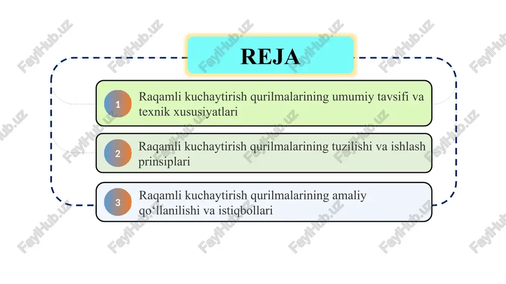 da signalni kuchaytirish imkoniyatiga ega. ularning asosiy texnik ko‘rsatkichlari: quvvat darajasi, samaradorlik koeffitsienti, chastota diapazoni va shovqin koeffitsienti hisoblanadi. 2 ko‘pchilik kuchaytirgichlar 20 hz dan 20 khz gacha bo‘lgan tovush diapazonida sifatli ishlaydi. signal buzilish darajasi (thd) odatda 0.01% dan oshmaydi, bu esa deyarli ideal tovushni ta’minlaydi. ular yuqori tezlikda raqamli namunalash (sampling) asosida ishlaydi. 3 energiya samaradorligi esa 90% gacha yetadi. shu tufayli bunday qurilmalar portativ, professional va sanoat darajasidagi audio tizimlarda keng qo‘llaniladi. teleradioeshittirishda raqamli kuchaytirgichlar asosiy uzatish bosqichining yuragi hisoblanadi. ular signallarni kuchaytirib, uzatish moslamalariga yuboradi va sifatli eshittirishni ta’minlaydi. bunday qurilmalar orqali tovush aniqligi, signal barqarorligi va uzatish masofasi oshiriladi. ular televizion va radio signallarni minimal buzilish bilan efirga uzatish imkonini beradi. bundan tashqari, raqamli kuchaytirgichlar avtomatik boshqaruv tizimlari orqali signal darajasini doimiy nazoratda ushlab turadi. natijada, efirda uzatilayotgan tovush va tasvir sifati yuqori bo‘ladi. shuningdek, energiya tejamkorligi va uzoq muddatli ishlash ularni iqtisodiy jihatdan foydali …