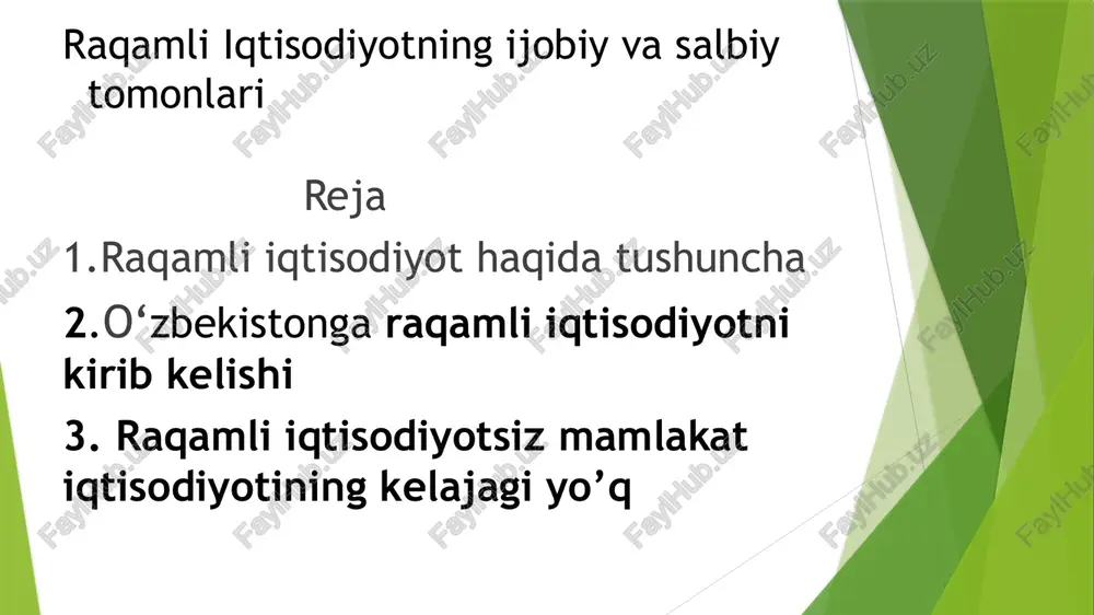 orqali olish — raqamli iqtisodiyot deyiladi. bu masalani eng sodda maishiy misol orqali tushuntirishdir. aslida, hammamiz allaqachon raqamli iqtisodiyot ichidamiz, uning qulayliklaridan foydalanamiz. masalan, oyliklarimiz plastik kartalarga tushadi, elektron to‘lov orqali kommunal xizmatlar, telefon, internet va boshqa mahsulot va xizmatlarga to‘lov qilamiz, elektron tarzda soliq deklarasiyasi topshiramiz, kartadan kartaga pul uzatamiz, uyga taom buyurtma qilamiz va hokazo. raqamli iqtisodiyot — bu noldan boshlab yaratilishi lozim bo‘lgan qandaydir boshqacha iqtisodiyot emas. bu yangi texnologiyalar, platformalar va biznes modellari yaratish va ularni kundalik hayotga joriy etish orqali mavjud iqtisodiyotni yangicha tizimga ko‘chirish deganidir. belgilari: yuqori darajada avtomatlashtirilganlik; elektron hujjat almashinuvi; buxgalterlik va boshqaruv tizimlarining elektron integratsiyalashuvi; maʼlumotlar elektron bazalari; crm (mijozlar bilan o‘zaro munosabat tizimi) mavjudligi; korporativ tarmoqlar. qulayliklari: to‘lovlar uchun xarajatlar kamayadi (masalan, bankka borish uchun yo‘lkira va boshqa resurslar tejaladi). tovarlar va xizmatlar haqida ko‘proq va tezroq maʼlumot olinadi. raqamli dunyodagi tovar va xizmatlarning jahon bozoriga chiqish imkoniyatlari katta. fidbek …