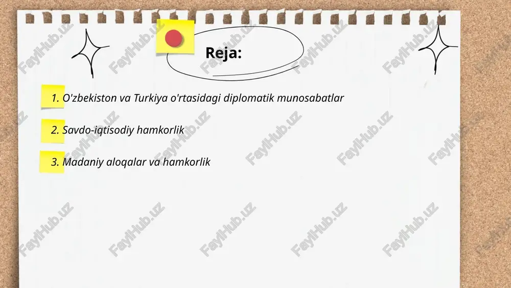 iy munosabatlarni tartibga solib, ilmiytexnika va i.ch. sohalarida muvaffaqiyatli amalga oshirilmoqda. xalqaro iqtisodiy hamkorlikh. uning subʼyektlari iqtisodiy manfaatlarini milliy chegaralardan tashqarida roʻyobga chikdrishning eng maqbul yoʻli hisoblanadi. ... t.me/slaydai_bot o‘zbekistonning turkiyadagi elchixonasi ikki davlat o‘rtasida diplomatik munosabatlar o‘rnatilganining 31 yilligi munosabati bilan tabrik e’lon qildi. «4 mart – o‘zbekiston va turkiya o‘rtasida diplomatik munosabatlar o‘rnatilgan quvonchli kun!», deyiladi diplomatik missiyaning ijtimoiy tarmoqlardagi xabarida. o‘zbekiston 1991 yil 31 avgustda o‘z mustaqilligini e’lon qildi. o‘sha yilning 16 dekabrida turkiya o‘zbekiston mustaqilligini tan olgan birinchi davlat bo‘lgan edi. turkiya va o‘zbekiston o‘rtasida diplomatik munosabatlar 1992 yil 4 martda o‘rnatilgan. turkiyaning toshkentdagi elchixonasi 1992 yil aprelda, o‘zbekistonning anqaradagi elchixonasi 1993 yil yanvar oyida ish boshlagan. ... t.me/slaydai_bot 4. oliy ta'lim va ilmiy-tadqiqot sohasidagi hamkorlik o‘zbekiston davlat jahon tillari universitetida “til – millatlar va davlatlar elchisi” nomli anjuman bo‘lib o‘tdi. tadbirda jazoir-2 universiteti rektori professor said rahmoniy, qo‘rqiota nomidagi qizilo‘rda universiteti ilmiy ishlar va xalqaro …
