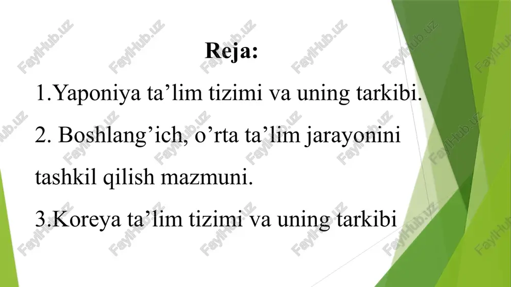 tin qizlar uchun faqat xo’jalik yuritish, oila iqtisodiyotidangina ta’lim berilardi. 8 1897 yilda kiatoda ikkinchi dorilfunun ochildi. ikkinchi jahon urushida yaponiya mag’lubiyatga uchragandan keyin mamlakat maorifi tizimlariga amerika qo’shma shtatlari ta’lim tamoyillari kirib kela boshladi. 1946 yilda qabul qilingan konstitustiya yaponiya fuqarolarining ta’lim sohasidagi huquq va burchlarini belgilab berdi. unda «layoqatiga ko’ra barcha fuqarolar bilim olish huquqiga ega. barcha bolalar bepul umumiy ta’lim olishlari shart» ekanligi belgilab qo’yilgan. 1947 yilda qabul qilingan «ta’lim haqida qonun» yaponiya konstitustiyasi ruhiga uyg’un bo’lib, mamlakatda ta’limning maqsad va vazifalarini to’la ifoda etadi. o‘qituvchi — odobli, adolatli hamda «bola qalbining injeneri»dir. bolaning ijobiy va salbiy xususiyatlari ba‘zan murabbiydan o‘tishini psixolog olimlar ta’kidlab o‘tishgan. chunki o‘quvchi o‘qituvchining yurish-turishi, kiyinishiga, gapirishiga taqlid qiladi. bola garchi yosh bo‘lsa-da, uning inson ekanligini yoddan chiqarmaslik, uni ko‘pchilik oldida obro‘sizlantirmaslik, g‘ururini toptamaslik kerak. 11 hozirgi zamon yapon ta’lim tizimining tarkibi -bolalar bog’chalari; -boshlang’ich maktab; -kichik o’rta maktab; -yuqori o’rga maktab; -oliy …