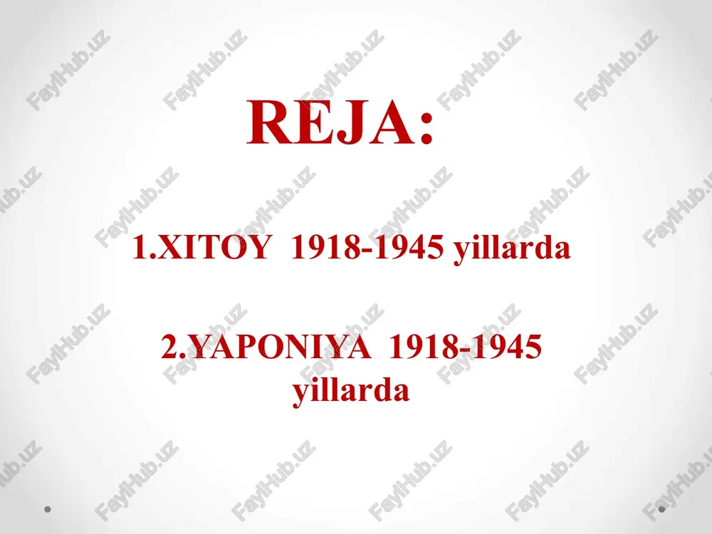 ning ikki yirik kuchi mavjud edi. ularning biri milliy-ozodlik kurashining yirik vakili, tan olingan yo‘lboshchi sun yatsen (1867—1925) boshchiligidagi gomindan (xitoy milliy partiyasi) bo‘lsa, ikkinchisi xitoy kommunistik partiyasi (xkp) edi. versal shartnomasi qarorlariga qarshi mamlakatda «4-may harakatlari» nomli xalq noroziligi bo‘lib o‘tdi. bu omillar xitoyni rivojlangan davlatlar ekspansiyasiga qarshi kurashda ojiz qilib qo‘ygan edi. 1911—1913-yillarda bo‘lib o‘tgan inqilob asosiy masalalardan biri — xitoyni yagona davlatga birlashtirish masalasini hal eta olmadi. bu masalani hal etmay turib xitoyni yarim mustamlaka sirtmog‘idan qutqarish nihoyatda og‘ir edi. 1921 yilda sun yatsen mamlakat prezidenti lavozimiga saylandi. biroq buyuk davlatlar bu saylovni va sun yatsen hukumatini tan olmadilar. sun yatsen «xitoyni qutqarish» dasturini ilgari surdi. bu dasturni chet davlatlarning yordamisiz amalga oshirib bo‘lmas edi. buyuk davlatlar esa yordam berishdan voz kechdilar. vashington konferensiyasida qabul qilingan «9 davlat kelishuvi» bo‘yicha, xitoyda o‘z hukmronliklarini o‘rnatdilar. 1921y 7 aprel shunday sharoitda sun yatsen moddiy va harbiy yordam so‘rab sovet …