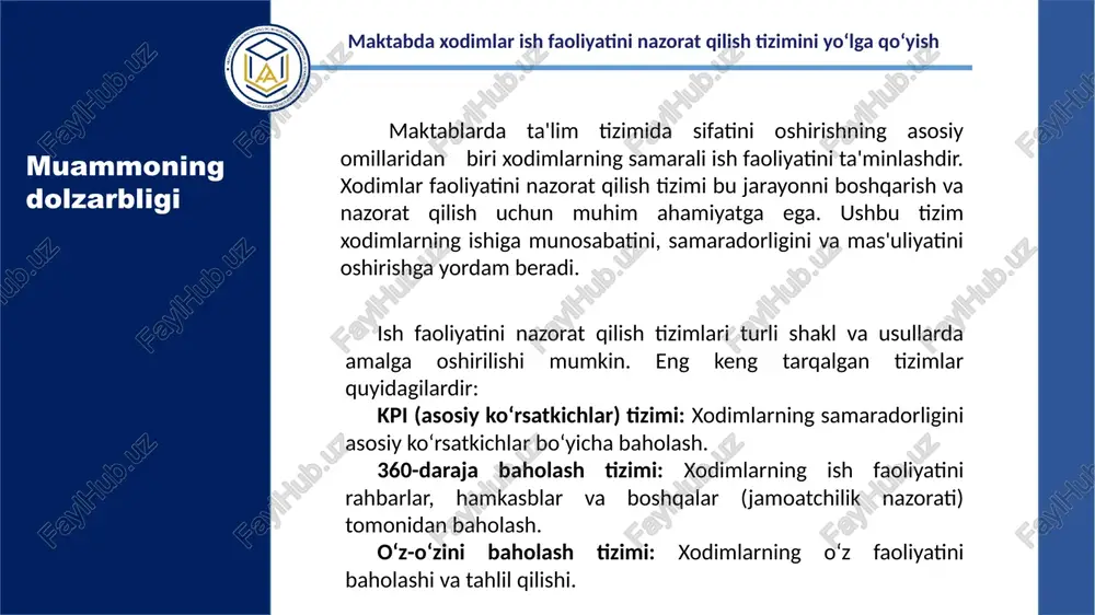 odimlarga ulardan muvofiq foydalanish, ularni faoliyat yuritishi va rivojlanishi bo‘yicha maqsadga qaratilgan, tashkilot maqsadlariga erishishga yo‘naltirilgan ta’sir ko‘rsatishdir.” n.k. yo‘ldoshev, g.e. zaxidovlarning “menejment” darsligi (327 bet) maqsad maktabda xodimlar ish faoliyatini nazorat qilish tizimini yo‘lga qo‘yish vazifalar maktabda xodimlar ish faoliyatini nazorat qilish tizimini yo‘lga qo‘yishga doir taklif va tavsiyalar ishlab chiqish. maktabda xodimlar ish faoliyatini nazorat qilish tizimini yo‘lga qo‘yishda asosan quyidagi vazifalarga ahamiyat berilishi zarur: maqsadlarni belgilash. xodimlarning faoliyatini kuzatish ish natijalarini baholash qayta aloqa berish samaradorlikni oshirish uchun chora-tadbirlar ishlab chiqish. mavzuga oid xorijiy tajriba maktabda xodimlar ish faoliyatini nazorat qilish tizimini yo‘lga qo‘yish aqsh tajribasi aqshda xodimlarning ish faoliyatini nazorat qilish tizimi keng qo‘llaniladi. bu tizimlar orasida kpi va 360-daraja baholash tizimlari mashhurdir. ushbu tizimlar orqali xodimlarning samaradorligi muntazam ravishda baholanadi va o‘z vaqtida qayta aloqa beriladi. finlyandiya tajribasi finlyandiyada o‘qituvchilar va boshqa xodimlar muntazam ravishda o‘z-o‘zini baholash va boshqalar tomonidan baholash orqali nazorat qilinadi. bu …