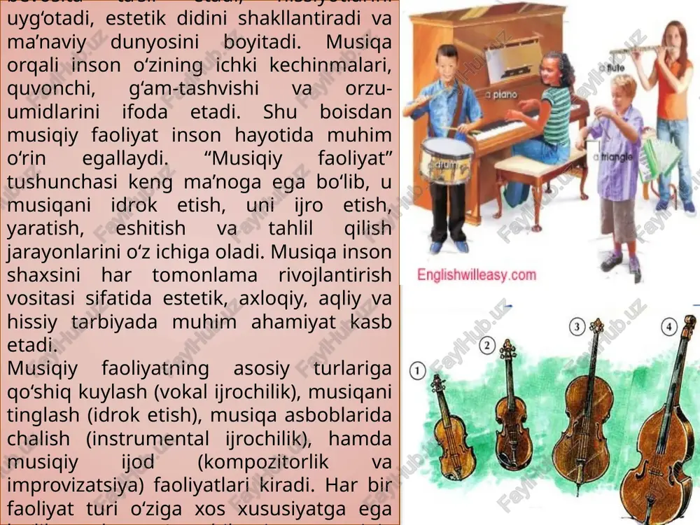 larning estetik his-tuyg‘ularini o‘stiradi, ularni tahliliy fikrlashga o‘rgatadi. o‘qituvchi tomonidan musiqani tinglash jarayonini to‘g‘ri tashkil etish bolalarning musiqaga bo‘lgan qiziqishini kuchaytiradi. shu jarayonda o‘quvchilar turli janr va uslublardagi asarlarni tinglab, ularning farqlarini ajrata olishni o‘rganadilar. instrumental ijrochilik – bu musiqiy asboblarda chalish orqali o‘zini ifoda etish faoliyatidir. bu turdagi faoliyat o‘quvchilarda koordinatsiya, eshitish sezgisi, diqqat, xotira, ritmik tuyg‘ularni rivojlantiradi. musiqa asboblarida chalish jarayonida inson nafaqat texnik mahoratni egallaydi, balki ijodiy fikrlash, emotsional ifoda, sahnadagi o‘zini tutish madaniyatini ham shakllantiradi. maktabdagi musiqa darslarida oddiy musiqa asboblari (metallofon, baraban, triangl, fortepiano va boshqalar) orqali o‘quvchilarning ijrochilik qobiliyatini o‘stirish mumkin. musiqiy ijod faoliyati esa eng murakkab va yuqori darajadagi musiqiy faoliyat turidir. bu jarayonda inson yangi ohanglar yaratadi, improvizatsiya qiladi, musiqiy g‘oyalarni ifodalaydi. musiqa yaratish jarayonida o‘quvchi o‘z his-tuyg‘ularini, kayfiyatini, hayotiy tajribasini badiiy shaklda ifodalaydi. bu faoliyat turida bolalar ijodkorlik, mustaqillik, tashabbuskorlik va estetik tafakkurni rivojlantiradilar. musiqiy faoliyat turlarining barchasi o‘zaro uzviy bog‘liqdir. …