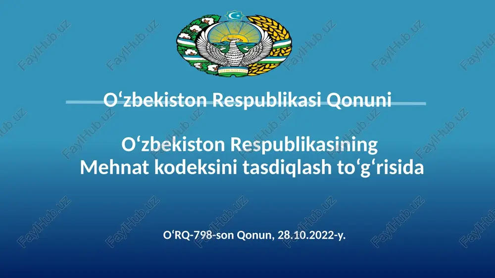 aniya angliya belgiya daniya ispaniya irlandiya italiya lyuksemburg norvegiya portugaliya tursiya chexiya fransiya singapur baa malayziya yaponiya vetnam gruziya isroil indoneziya j.koreya tayland filippin xitoy hindiston mdh va boshqalar moldova ozarbayjon qozog‘iston qirg‘iziston rossiya tojikiston turkmaniston belarus avstraliya brazilya kanada aqsh chili osiyo amaldagi kodeks 1995 yilda qabul qilingan bo’lib, bozor iqtisodiyotiga o‘tish vaqtida shakllantirilgan, hozirgi kun bozor iqtisodiyotiga javob bermaydi mehnat kodeksini konseptual jihatdan yangilashning asoslari davlat tashkilotlari va sanoatning yirik korxonalariga qaratilgan, hozirgi davrda turli mulkchilik shakllari, ayniqsa kichik va o‘rta biznes subʼektlaridagi mehnat munosabatlari to‘liq hisobga olinmagan (1995 yil iqtisodiyotda xususiy sektor ulushi – 21%, hozirgi davrda – 83 %) mehnat huquqlarini tartibga solishda bo‘shliqlar mavjud. misol: favqulodda va harbiy holatda, karantinda mehnat oid munosabatlarni tartibga soluvchi normalar belgilanmagan. mehnat nizolarini ko‘rib chiqishda jamoatchilik ishtiroki va ijtimoiy sherikchilik, jamoaviy muloqot mexanizmlari belgilanmagan misol: ijtimoiy-mehnat masalalari bo‘yicha komissiyalar, jamoaviy muzokaralar o‘tkazish, jamoa shartnomasi kelishuvlarini tuzish bilan bog‘liq masalalar …
