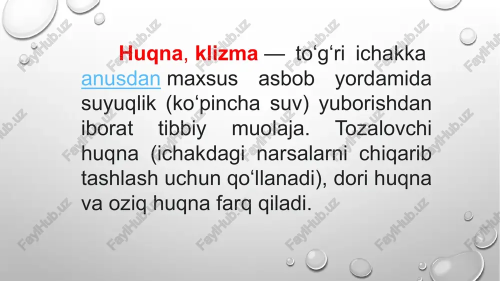 qmay turgan maʼqul. yogʻli huqna uchun oʻsimlik moyini 200 ml (bolalarga 30 — 50 ml) hajmida kechqurun yuboriladi. bunda noksimon rezina ballon ishlatiladi. dori huqna dori moddalarining ichak shilliq pardasiga taʼsir etishi va dorining organizmga ichak orqali soʻrilishi maqsadida qoʻllanadi. dori moddalari 10 ml va undan oz miqdorda yuborilganda yaxshi soʻriladi. dori huqna qilishdan oldin albatta tozalovchi huqna oʻtkazish kerak. oziq huqna — sunʼiy ovqatlantirishning bir turi. u organizmning suyuqlikka, osh tuziga va oz miqdorda boʻlsa-da, oziq moddalarga boʻlgan ehtiyojini qondirish maqsadida qoʻllanadi. oziq huqna uchun osh tuzining fiziologik (izotonik) eritmasi, 5 % li glyukoza eritmasi va aminokislo-talar eritmalaridan foydalaniladi. bunday huqna tozalovchi huqnadan keyin qilinadi. oziq huqna faqat vrach koʻrsatmasiga binoan davolash muassasalarida qoʻllanadi. image3.png image1.png /docprops/thumbnail.jpeg
