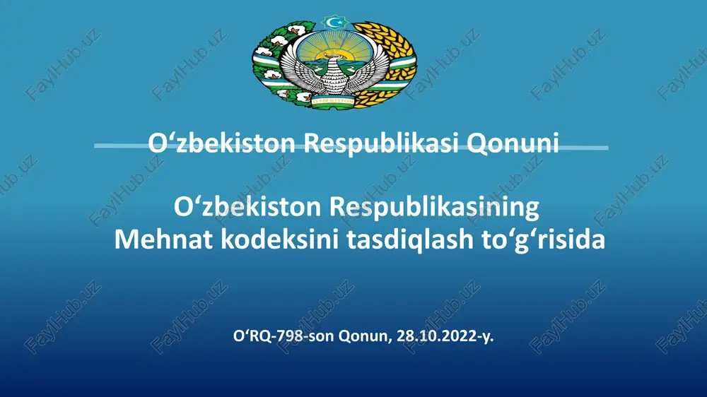 aniya angliya belgiya daniya ispaniya irlandiya italiya lyuksemburg norvegiya portugaliya tursiya chexiya fransiya singapur baa malayziya yaponiya vetnam gruziya isroil indoneziya j.koreya tayland filippin xitoy hindiston mdh va boshqalar moldova ozarbayjon qozog‘iston qirg‘iziston rossiya tojikiston turkmaniston belarus avstraliya brazilya kanada aqsh chili osiyo amaldagi kodeks 1995 yilda qabul qilingan bo’lib, bozor iqtisodiyotiga o‘tish vaqtida shakllantirilgan, hozirgi kun bozor iqtisodiyotiga javob bermaydi mehnat kodeksini konseptual jihatdan yangilashning asoslari davlat tashkilotlari va sanoatning yirik korxonalariga qaratilgan, hozirgi davrda turli mulkchilik shakllari, ayniqsa kichik va o‘rta biznes subʼektlaridagi mehnat munosabatlari to‘liq hisobga olinmagan (1995 yil iqtisodiyotda xususiy sektor ulushi – 21%, hozirgi davrda – 83 %) mehnat huquqlarini tartibga solishda bo‘shliqlar mavjud. misol: favqulodda va harbiy holatda, karantinda mehnat oid munosabatlarni tartibga soluvchi normalar belgilanmagan. mehnat nizolarini ko‘rib chiqishda jamoatchilik ishtiroki va ijtimoiy sherikchilik, jamoaviy muloqot mexanizmlari belgilanmagan misol: ijtimoiy-mehnat masalalari bo‘yicha komissiyalar, jamoaviy muzokaralar o‘tkazish, jamoa shartnomasi kelishuvlarini tuzish bilan bog‘liq masalalar …