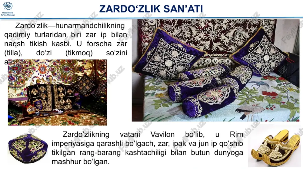 ining chuqur ildiziga ega. shu narsa ma’lumki, masalan, 1403—1406 yillarda samarqandga sayoqat qilgan ispan elchisi ryui gonzales de klavixo o’z esdaliklarida, temur saroyida zardo’zlikning milliy kashta bezaklarini tomosha qilganini yozgan. esdalik sahifalarida elchilarni habul qilish marosimiga barishlab o’tkazilgan dabdabali ziyofatlar ta’rifini keltirib yozar ekan, zardo’zlik usulida tiqilgan ash’yolarni bir necha bor eslab o’tadi. zar tiqilgan khrpa-to’shaklar, ipak matoga zar tiqilgan qimmatbaho darpardalar va chodirlar haqida batafsil hikoya etiladi. klavixo erkaklar va ayollarning zar ipda tiqilgan va himmatbaho toshlar bilan bezatilgan kiyimlari haqida zavq bilan yozadi. abdurazzoq samarqandiy o’zining «hindiston safarnomasi» risolasida shohruh 1442 yili hindistonning kalkutta viloyati hukmdori huzuriga yuborgan elchilaridan zardo’zi do’ppi ham sovga qilib berib yuborganini qayd etib o’tadi. «ishratxona» maqbarasi haqidagi 1465 yilgi hujjatlardan birida ham zardo’zlik buyumlari haqida eslab o’tilar ekan, «zardo’zi tiqilgan gunafsharang dasturxon (tuya junidan to’qilgan mato) astari malladan» va «zardo’zi tiqilgan gunafsharang darparda, astari malladan» degan satrlarga ko’zimiz tushadi. hirotda alisher navoiy davrida …