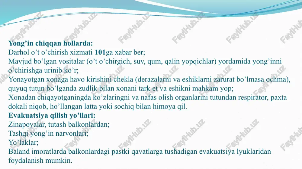 i yoki yonuvchi moddaning miqdorini kamaytirish ya’ni to’sib qo’yish. - yonuvchi manba hududini yoki yonayotgan moddaning haroratini issiqlikni yutadigan, ammo o’zi yonmaydigan sovutgich moddalar yordamida keskin pasaytirish, demak sovutish. - yonuvchi suyuq moddalarni o’tda yonmaydigan moddalar ( gaz yoki suv ) bilan suyultirish olovda yonmaydigan turli hildagi moddalar: suv, inert gazlardan karbon ikki oksidi, azot, argon, suv bug’lari, kimyoviy ko’piklar, geteron kukunlar, galogen karbovodorot sovutgichlari va ularni uzatib beruvchi uskunlar va boshqa o’t o’chirish vositalari bo’lib xizmat qiladi. suv, inert gazlardan karbon ikki oksidi, azot, argon, suv bug’lari, kimyoviy ko’piklar, geteron kukunlar, galogen karbovodorot sovutgichlari va ularni uzatib beruvchi uskunlar va boshqa o’t o’chirish vositalari bo’lib xizmat qiladi. yong’inni o’chirishda suv va ko’pik moddalarini ishlatish mumkin bo’lmagan holatlarda o’t o’chirish vositasi sifatida yonmaydigan gazlardan foydalaniladi. bunday gazlarga karbon ikki oksidi, aruon, brometil, xlorbrommetanva boshqalar misol bo’la oldi. birlamchi o’t o’chirgich vositalari ichida eng ko’p ishlatiladigan vosita, bu qo’lda ishlatiladigan o’t …