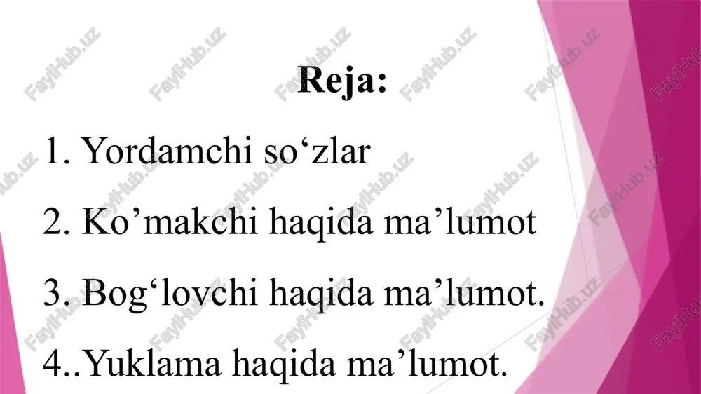 ishigi va egalik qo‘shimchalarini qabul qiladi. bunday so‘zlar ko‘makchi otlar deb ataladi: old, o‘rta, yon, orqa, ket, ich, ust, tepa, ost, tag, ora, bosh, o‘rin, qosh, yoqa, tomon. bu so‘zlar belgisiz qaratqich kelishigidagi so‘zdan keyin kelgandagina ko‘makchi ot hisoblanadi: ish ustida, sandig‘i ostida. ko‘makchilarning qo‘llanishi va ma’nolari 1) bosh kelishikdagi so‘zlar bilan qo‘llanadigan ko‘makchilar: bilan (qisqa shakllari: -la, ila)ko‘makchisi birgalik (ukasi bilan keldi.), vosita (qalam bilan yozdi), tez boshlanish (eshik ochilishi bilan kirishdi), payt (tuni bilan uxlamadi), holat (baxtiyorlik bilan jilmaydi) kabi ma’nolarni bildiradi. uchun (qisqa shakli: -chun) ko‘makchisi maqsad, sabab, atash, evaz ma’nolarini ifodalaydi: bolalar uchun qurildi. o‘qimagani uchun bilmadi. sen uchun oldim. yordamingiz uchun rahmat. 2) jo‘nalish kelishigidagi so‘zlar bilan qo‘llanadigan ko‘makchilar: tomon ko‘makchisi ham jo‘nalish, ham bosh kelishikdagi so‘zlarga bog‘lanib, yo‘nalish ma’nosini, qadar ko‘makchisi chegara ma’nosini, ko‘ra ko‘makchisi sabab, ta’kidlash, qiyoslash ma’nolarini, qarshi ko‘makchisi zidlik ma’nosini, qarab, qarata ko‘makchisi yo‘nalish, o‘lchov ma’nosini, qaragandako‘makchisi ta’kidlash, qiyoslash manolarini, qaramasdan, …