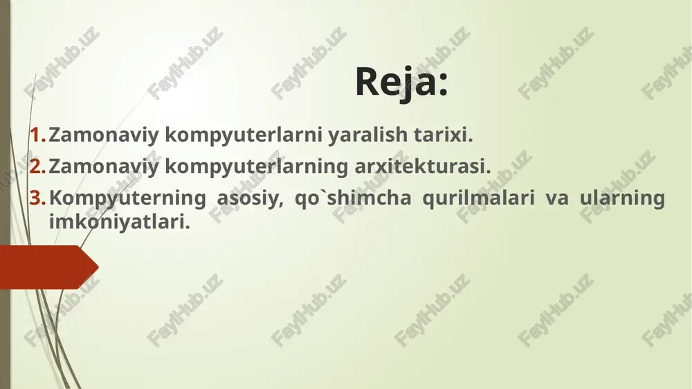 ghs firma tomonidan integral sxemalarda ishlaydigan birinchi kompyuterni chiqardi va shuning uchun uchinchi ehmlar avlodi katta integral sxemali deb nomlanadi. ehmning uchinchi avlod mashinalari 1970 yildan boshlab intel firma xotiraning integral sxemalarni chiqara boshladi. shu firmada ishlagan marshian edvard xoff shu yilda mikroprotsessorni kashf etgan (bitta kremniy chipda bir nechta integral sxemalarni joylashtirdi). shu yildan boshlab mikroprotsessorlarda ishlovchi to‘rtinchi ehmlar avlodi boshlandi, ular kichik integral sxemali avlod deb nomlanadi. ehmning to`rtinchi avlod mashinalari ehmlarning beshinchi avlodi – (90 yillar) bilimlarni qayta ishlaydigan samarali tizimlarni qurishga imkon beradigan ko’plab o’nlab parallel ishlaydigan mikroprotsessorlardagi shk; parallel-vektor tarkibli o’ta murakkab mikroprotsessordagi shk, ular bir vaqtning o’zida dasturni o’nlab ketma-ket ko’rsatmalarini bajaradi ehmlarning oltinchi avlodi – ommaviy parallelizmi va “neyron” strukturali optoelektron ehm – neyronli biologik tizimlarni arxitekturasini modellashtiruvchi ko’p sonli murakkab bo’lmagan mikroprotsessorlarni taqsimlangan tarmoqli ehm. kompyuter arxitekturasi kompyuter va ularning turlari kompyuter (ingl. computer – hisoblagich) – elektron shaklga ega turli ma'lumotlarni …