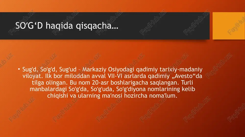 ‘dlar tan sulolasi tarixida so‘g‘dlar xitoy tarixidagi tan sulolasi manbalarida so‘g‘d savdogarlari haqida keng yozilgan. ular xitoy iqtisodiyotida muhim o‘rin tutgan. milodiy vii–viii asrlarda xitoy poytaxti changan shahrida minglab so‘g‘diylar yashagan. hunarmandchilik va mahsulotlari hunarmandchilik va mahsulotlari so‘g‘d hunarmandchiligi rivojlangan: ipak matolar, metall buyumlar, zargarlik, kulolchilik mahsulotlari ishlab chiqarilgan. panjikent devoriy rasmlarida so‘g‘d ustalarining mahsulotlari tasvirlangan. so’g’d san’ati sharq va gʻarb madaniy aloqalari sharq va g‘arb madaniy aloqalari so‘g‘dlar savdo orqali sharq va g‘arb madaniyatini bog‘lagan. ular san’at, din va yozuvlarning yoyilishida vositachi bo‘lgan. buddizm xitoyga so‘g‘d savdogarlari orqali kirib kelgan. iqtisodiy va siyosiy ahamiyat iqtisodiy va siyosiy ahamiyat so‘g‘diy shaharlar o‘rta osiyo iqtisodiyotida muhim o‘rin tutgan, siyosiy jihatdan esa ko‘plab davlatlar bilan aloqada bo‘lgan. so‘g‘d hukmdorlari eron va turk xoqonlari bilan diplomatik aloqalar o‘rnatgan. soʻg’d yozuvi va tarjimalar so‘g‘d yozuvi va tarjimalar so‘g‘d yozuvi sharqiy turkistonda keng tarqalgan bo‘lib, diniy kitoblar va savdo hujjatlari shu yozuvda yozilgan. so‘g‘d yozuvi …