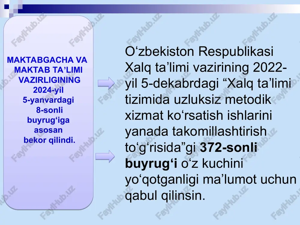 shi boʻyicha oʻtkaziladigan forumlar, oʻquvlarni tashkil etadi; umumtaʼlim maktablarida pedagog xodimlarning dars taqsimotini qonunchilikka muvofiq toʻgʻri taqsimlanishi boʻyicha tushuntirish ishlarini doimiy ravishda olib boradi; -taʼlim tizimida metodik xizmatning sifati bilan bogʻliq boʻlgan turli tadbirlar, koʻrik-tanlovlar oʻtkazilishini muvofiqlashtiradi. metodbirlashmaning asosiy vazifalari quyidagilardan iborat: -pedagoglarni yangi metodikalarga oʻrgatish milliy markazlaridagi metodik xizmat koʻrsatish boʻlimi bilan hamkorlikni yoʻlga qoʻyadi; -kasbiy seminar-treninglar, konferensiya, mahorat va ochiq darslari tashkil etadi; -“metodik-tur”larda faol ishtirok etadi; -“ustoz-shogird” anʼanasini tizimli tashkil qiladi; -ilgʻor ish tajribalarini maktab, tuman (shahar) miqyosida ommalashtirishga tavsiya qiladi; -fan yoʻnalishlari boʻyicha tuman (shahar), viloyat va respublika miqyosidagi “metodik yarmarka”larda ishtirok etadi, oʻtkazadi va unga oʻqituvchilarni jalb qiladi; -metodbirlashmalararo tajriba almashishni yoʻlga qoʻyadi; oʻqituvchilarning darslarini kuzatish hamda metodbirlashmada zaruriy tavsiyalar berib borilishini tashkil etadi; -fanni oʻzlashtirishga qiynalayotgan oʻquvchilar uchun darsdan tashqari mashgʻulotlar tashkil etadi; fan toʻgaraklarini tashkil etadi; -mezonlarga asoslangan baholashni amaliyotga joriy etilishida ko‘maklashadi; -oʻquvchilar oʻrtasida ularning qiziqishlari doirasida ijodiy, intellektual tanlov, oʻyin va …