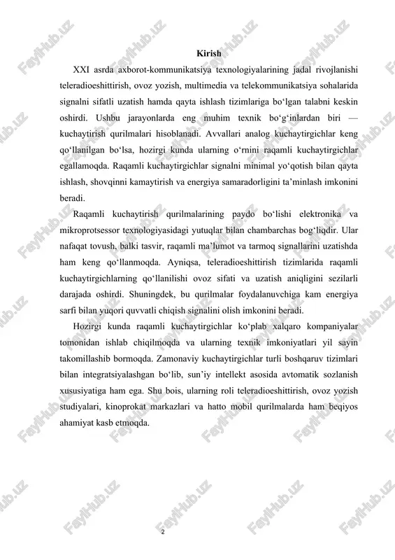 i kuchaytirish qurilmalari zamonaviy elektronika sohasida muhim o‘rin tutuvchi texnik tizimlardan biri hisoblanadi. ularning asosiy vazifasi – kirish signalining amplitudasini o‘zgartirmasdan, energiyasini kuchaytirishdir. boshqacha aytganda, kuchaytirgich signaldagi foydali axborotni buzmasdan, uni yuqori quvvat bilan chiqish bosqichiga yetkazib beradi. bunda energiya manbai orqali signalning amplitudasi oshiriladi. an’anaviy analog kuchaytirgichlardan farqli ravishda, raqamli kuchaytirish qurilmalari signalni uzluksiz shaklda emas, balki kvantlangan, raqamli shaklda qayta ishlaydi. bu esa shovqin, buzilish va energiya yo‘qotishlarini keskin kamaytiradi. raqamli kuchaytirgichlarda signallar ko‘pincha pwm (pulse width modulation) yoki pdm (pulse density modulation) prinsipi asosida o‘zgartiriladi. kuchaytirgichlarning umumiy ishlash printsipi quyidagi oddiy matematik ifoda orqali ko‘rsatiladi: bu yerda: av​ — kuchaytirish koeffitsienti, vout​ — chiqishdagi kuchlanish, vin​ — kirishdagi kuchlanish. raqamli kuchaytirish qurilmalarida bu nisbat raqamli kodlar o‘rtasidagi o‘zaro bog‘liqlik orqali belgilanadi. masalan, dsp (digital signal processor) mikrosxemasi kirish signalini raqamli kodga aylantirib, keyin uni kerakli koeffitsient asosida kuchaytiradi va qayta analog shaklga keltiradi. raqamli kuchaytirish texnologiyasining paydo …