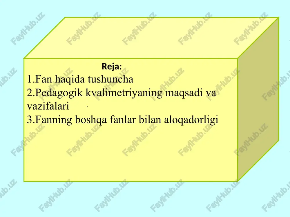obyekt va subyektlarning sifatini miqdoriy baholashning falsafiy va metodologik asoslarini ishlab chiqish sanaladi. nazariy kvalimetriyaning amaliy sohalarida turli obyekt va jarayonlarning sifatini baholash metodikasi va nazariy asoslari umumiy xususiyatga ega. maxsus kvalimetriya turli maqsadda foydalaniladigan obyektning sifatini baholashning aniq metodikasi va matematik modelini ishlab chiqadi. maxsus kvalimetriyaning ekspert, ehtimollik-statistik, indeksli, kvalimetrik taksonomiya kabi turlari mavjud. amaliy kvalimetriya texnika, ishlab chiqarish, inson faoliyati, turli loyiha va jarayonlarning sifatini baholashni ishlab chiqadigan soha sanaladi. u boshqa fanlar bilan o‘zaro bog‘liq bo‘lib, texnik kvalimetriya, ijtimoiy kvalimetriya, pedagogik kvalimetriya, tibbiy kvalimetriya, geologik kvalimetriya kabi tarmoqlari mavjud. pedagogik kvalimetriya yillar davomida to‘plangan tajribalar, dalillar asosida vujudga kelgan va shakllangan ilmiy-nazariy fan bo‘lib, ta’lim-tarbiya jarayonida qo‘llaniladigan pedagogik innovatsiya va unga bog‘liq holda o‘qituvchining pedagogik faoliyatini yaxlit o‘rganadi. o‘qituvchilarni o‘z pedagogik faoliyatini pedagogik kvalimetriya metodlaridan biri mashg‘ulotlarni tahlil qilishga o‘rgatish, tahliliy - tanqidiy, ijodiy va mustaqil fikr yuritish ko‘nikmalarini rivojlantirish; ushbu kursning asosiy didaktik maqsadi pedagog kadrlarni …