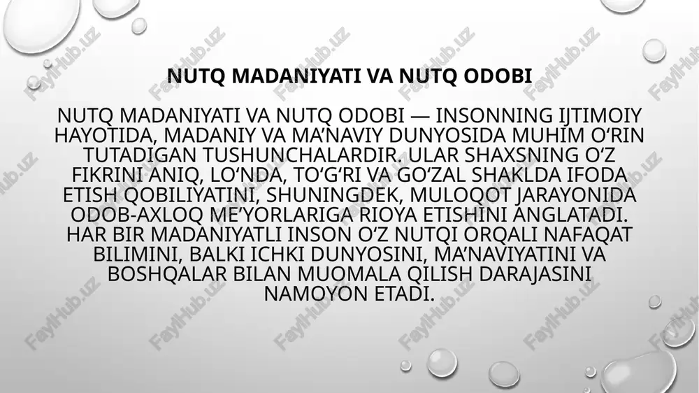o‘zbek adabiy tili meʼyorlari mavjud. alisher navoiy, bobur, ogahiy, furqat, muqimiy va boshqalar bu yo‘nalishda katta hissa qo‘shgan. maqollar: “yaxshi so‘z — jon ozig‘i”, “o‘ylab gapir” — xalqning so‘zga ehtiromini bildiradi. zamonaviy rivojlanish: xx asrning 20-yillaridan so‘ng nutq madaniyati xalq tiliga yaqinlashtirilgan. bu jarayonda otajon hoshim, qoriniyoziy, s. ibrohimov, olim usmon va adiblar — cho‘lpon, qodiriy, oybek, g‘afur g‘ulom, qahhor muhim rol o‘ynaganlar. nutq madaniyatining ijtimoiy roli: jamiyat, fan, texnika va madaniyat taraqqiyoti bilan uzviy bog‘liq. axborot vositalari (radio, tv, matbuot) orqali keng targ‘ib qilinadi. lug‘atlar va grammatik qo‘llanmalar nutq madaniyatini shakllantirishda asosiy vosita hisoblanadi. utq madaniyati va shaxs kamoloti nutq madaniyati shaxs kamolotining eng muhim ko‘rsatkichlaridan biridir. insonning bilim darajasi, tafakkuri, axloqiy qarashlari va ma’naviy olami — bularning barchasi uning nutqida, so‘zlash tarzida aks etadi. yuksak nutq madaniyatiga ega bo‘lgan inson: o‘z fikrini aniq, lo‘nda va tushunarli ifoda eta oladi; suhbatdoshiga hurmat bilan munosabatda bo‘ladi; vaziyatga mos so‘z va …