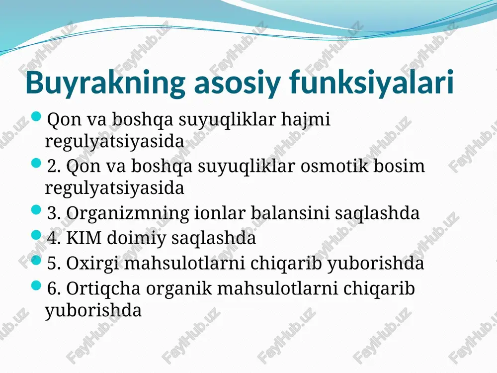 surunkali buyrak kasaliklarida. 6. buyraklar filtratsion sathining ↓. masalan: kapilyarlar devorining qalinlashishi (o’tkir glomerulonefritlar), filtrlovchi membranalarni biriktiruvchi to’qima egallashi, bazal membranalarning qalinlashishi (autoantitelolar cho’kishi natijasida) – infeksion allergik glomerulonefritlarda. filtratsiyaning oshishiga olib keluvchi sabablar: . olib ketuvchi arteriyalar tonusining ↑. masalan: adrenalin oz miqdorda ta’sir qilganda, gipertoniya kasalligining boshlang’ich davrlarida. 2. olib keluvchi arteriyalar tonusining ↓. masalan: pereferik qon tomirlar torayganda reflektor ravishda olib keluvchi arteriyalar kengayadi (tana t° ko’tarilgan paytida). 3. qonning onkotik bosimi ↓. suyuqlik ko’p iste’mol qilganda, shishlarning qaytishi davrida. filtratsiya ↑ bo’lganda poliuriya kuzatiladi. reabsorbsiyani buzilishalari. reabsorbsiya – bu buyrak kanalchalaridan birlamchi siydik kerakli moddalarining qayta qonga so’rilishidir. normada kanalchalarning proksimal qismida reabsorbsiyaning 80-85% amalga oshadi. bu yerda glyukozaning hammasi, oqsillar, a/k lar, ko’pchilik mikroelementlar, gormonlar suvning ko’p qismi qayta so’riladi. genle qovuzlog’ida tushuvchi qismida ionlar (na, k) va ko’tarilish qismida asosan suv so’riladi. kanalchalarning distal qismida fakultativ so’rilish bo’ladi. reabsorbsiya aktiv jarayondir, ya’ni moddalar yuqori …