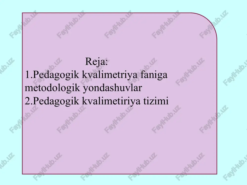i maydonga chiqdi. shaxsga yo‘naltirilgan ta’limda umuminsoniy qadriyatlarga asoslangan, pedagogik munosabatlar insonparvarlashtirilgan, ta’lim oluvchining qiziqishi, ehtiyoji, ichki va tashqi o‘quv motivlari e’tiborga olingan holda ta’lim-tarbiya jarayonini tashkil etish nazariyasi turadi. ushbu paradigma asosida peda-gogik kvalimetriyada, shuningdek, ta’lim-tarbiya tizimida ijobiy o‘zgarishlar vujudga keldi. pedagogik kvalimetriyaning fan sifatida quyidagi konseptual asoslari mavjud: 1. pedagogik kvalimetriya uzluksiz ta’limning turli bosqichlarida tashkil etiladigan ta’lim-tarbiya jarayonining sifati, ta’lim oluvchilarning o‘zlashtirish darajasi, pedagog kadrlarning kasbiy malakasini aniqlash va xulosa yasash imkonini beradi. 2. tadqiq etilayotgan obyektning sifat ko‘rsatkichini dinamik kategoriya sifatida qabul qiladi va kelgusida davr bilan hamnafaslik, uzluksiz ta’lim oldiga qo‘yilayotgan ijtimoiy buyurtmalar asosida sifat darajasining ortishini nazarda tutadi. 3. pedagogik kvalimetriya o‘zaro uzviy bog‘langan ikki soha — nazariy va amaliy kvalimetriya yutuqlari asosida shakllanib, fan sifatida rivojlanib boradi. 4. pedagogik kvalimetriya bo‘lajak o‘qituvchilar tayyorgarlik darajasining malaka talablariga mosligi, uzluksiz ta’lim tizimida faoliyat yuritayotgan muallimlarning kasbiy malakasi, mazkur bosqichda tashkil etiladigan ta’lim-tarbiya jarayonining sifati, tahsil …