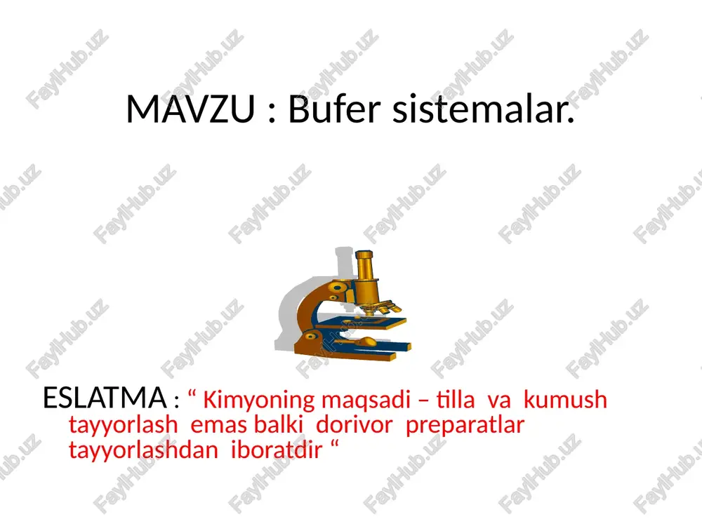 arning ph miqdorlari arteriya qoni - 7,35–7,45 vena qoni - 7,26 –7,36 sut - 6,6 – 6,9 jigar suuqligi - 7,4 – 8,0 o’t suyuqligi - 5,4 – 6,0 oshqozon shirasi- 1,3–2,3 pankreatin shirasi- 7,8-8,4 arteriya qoni - 7,35–7,45 ichak shirasi - 7,8 – 8,0 orqa miya suyuqligi-7,3-7,7 so’lak - 7,2 ko’z ichki suyuqligi - 7,2 ko’z yoshi - 7,4 siydik - 6,0 qondagi bufer sistemalar bufer himoyasining kamayib borishi gidrokarbonatli oqsilli fosfatli ph haqida ph ( potensial vodorod) – vodorod kuchi degani ph ni fanga daniyalik himik s.soressen kiritgan agar qonning ph=7,3 bo’lib qolsa,kishi o’rnidan tura olmay qoladi agar qonning ph=7,29 bo’lib qolsa,odam ko’maga tushib qolishi mumkin agar qonning ph=7,1 bo’lib qolsa,holat o’limga olib borishi mumkin bufer himoyani taqqoslaymiz № ularnimg dastlabki - phi 0,01 m hcl qo’shilgandan keyingi - phi 0,05 m hcl qo’shilgandan keyingi - phi suv 7,0 2,02 1,3 bufer sistema 4,73 4,65 4,24 organizmda kislotalar …