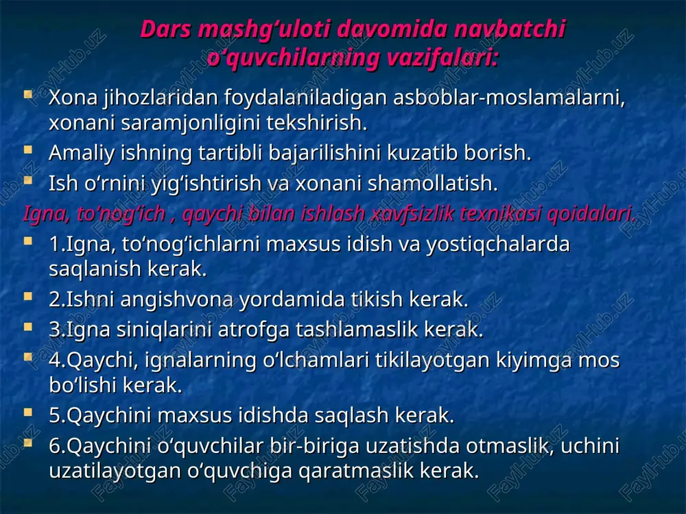 zunligi ko’ndalang o’lchamlaridan ancha katta bo’lgan cho’ziluvchan, ingichka, pishiq jismlarga aytiladi. tolalar tabiiy va kimyoviy turlarga bo’linadi. tabbiy va sintetik materiallarga murakkab kimyoviy usulda ishlov berib olingan tolalar kimyoviy tolalar deyiladi. kimyoviy tolalar sun’iy va sintetik turlarga bo’linadi. sun’iy tolalar ishlab chiqarishda xom ashyo sifatida yog’och sellyulozasi, paxta chiqindilari va boshqalar, sintetik tolalar ishlab chiqarishda esa gazlar hamda toshko’mir va neftni qayta ishlash mahsulotlari ishlatiladi. kimyoviy tolalar olish jarayoni uch bosqichdan iborat:yiguruv ertmasini hosil qilish, tolani shakllantish va pardozlash. tabiiy tolalar kimyoviy tolalar o’simlik paxta jun asbest zig’ir ipak mineral hayvon sun’iy sintetik mineral tolalar klasifikatsiyasi gazlama olish jarayoni mis ammiakli tola – ushbu tolani ishlab chiqarish uchun eng toza paxta selyulozasi qo’llaniladi. g’ovak selyulozasi mis-ammiak arashmasida eritib, hosil bo’lgan yopishqoq aralashmasidan maxsus moslamalar orqali tola olishga yuboriladi. tolani cho’ziladi, yuviladi va kislota eritmasiga tarkibidagi misni yo’qotiladi. tayyorlangan tola pardozlanadi va maxsus moylanish jarayonini o’taydi. mis-ammiakli tola juda ingichka, silliq, …