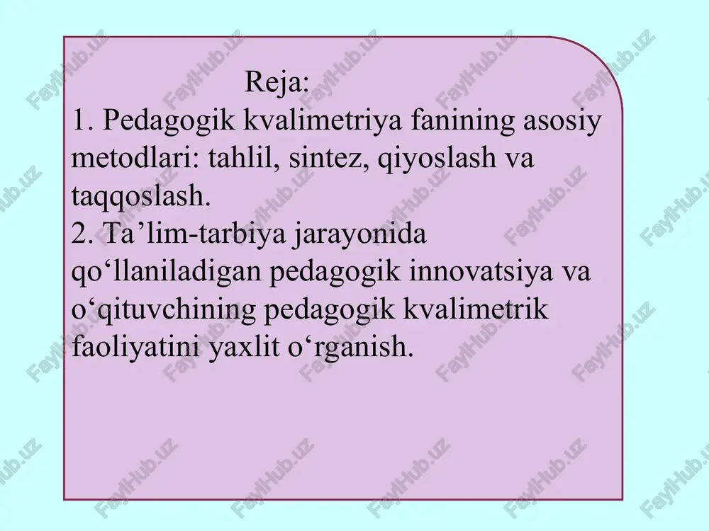 ridan foydalaniladi va bu metod yordamida ko‘p sonli tahsil oluvchilarning qisqa muddatda o‘zlashtirgan bilim, ko‘nikma va malakalari sifatini aniqlash, olingan natijalarga muvofiq tahsil oluvchilarga individual yondashish, ta’lim-tarbiya jarayonining sifatini aniqlash va baholash mumkin. hozirgi paytda ta’lim muassasalarida test topshiriqlaridan samarali foydalanish yo‘llari ishlab chiqilgan bo‘lib, ta’lim makonida pedagogik munosabatlarning yangi paradigmalari tahsil oluvchi — o‘qituvchi, tahsil oluvchi — ota-onalar, o‘qituvchi — rahbariyat, ta’lim muassasalari — ta’limni boshqarish organlari kabi nazorat-baholash tizimi amaliyotga joriy etilmoqda. shu bilan bir qatorda o‘qituvchilar ta’lim-tarbiya jarayonida tahsil oluvchilarning o‘zlashtirgan bilim, ko‘nikma, malakalari va kompetensiyalarini nazorat qilish va baholashda kvalimetriyaning asosiy metodlaridan biri, test topshiriqlaridan foydalanish, standart va nostandart test topshiriqlarini tuza olishi, test o‘tkazish jarayonining metodikasi, olingan natijalarni ekspertizadan o‘tkazish, yakuniy natijalarni umumlashtirish, pedagogning kasbiy-pedagogik modelini tuzish va modelning har bir tarkibiy qismining egallanganlik darajasini aniqlash, tahsil oluvchilarning umumiy va kasbiy layoqati, bilimlarni egallaganlik va tarbiyalanganlik darajasini aniqlash va pedagogik xulosa yasash malakasini egallagan bo‘lishi …