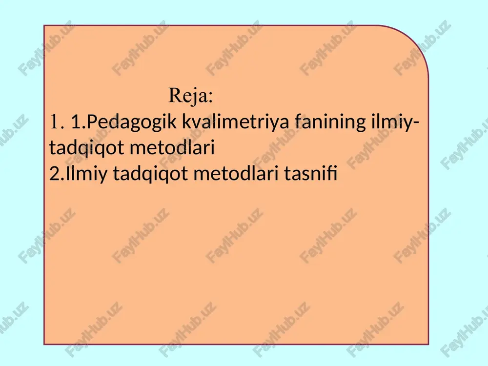 a aylandi, shu bilan birgalikda tizim hosil qiluvchi va faol ta’sir ko‘rsatuvchi omil sifatida maydonga chiqdi. respublikamizda joriy etilgan uzluksiz ta’lim tizimining barcha bo‘g‘inlarida ta’limtarbiya jarayonining samaradorligini nazorat qilish va baholash, mazkur tizimda pedagogik faoliyat yuritayotgan pedagoglarning kasbiy-pedagogik tayyorgarlik darajasini aniqlashda pedagogik kvalimetriya metodlari muhim o‘rin tutadi. shu nuqtai nazardan olib qaraganda uzluksiz ta’lim tizimining barcha bo‘g‘inlari shu jumladan, oliy ta’lim muassasasida pedagogik faoliyat yuritayotgan professor-o‘qituvchilar pedagogik kvalimetriyani fan sifatida ob’ekti, predmeti, maqsadi, vazifalari, prinsiplari, kvalimetrik shkala, kvalimetrik jarayonning bosqichlari, pedagogik kvalimetriya metodlari vositasida ta’lim-tarbiya jarayonini tashxislash va baholash, olingan natijaga muvofiq umumiy xulosalash, kasbiy-pedagogik faoliyatda kvalimetriya metodlarini qo‘llashdagi yondoshuvlarning mazmun-mohiyatini anglashi lozim. shu bilan bir qatorda professor-o‘qituvchilar ta’lim-tarbiya jarayonida talabalarning o‘zlashtirgan bilim, ko‘nikma, malakalari va kompetensiyalarini nazorat qilish va baholashda kvalimetriyaning asosiy metodlaridan biri, test topshiriqlaridan foydalanish, standart va nostandart test topshiriqlarini tuza olishi, test o‘tkazish jarayonining metodikasi, olingan natijalarni ekspertizadan o‘tkazish, yakuniy natijalarni umumlashtirish, pedagogning kasbiypedagogik modelini tuzish …