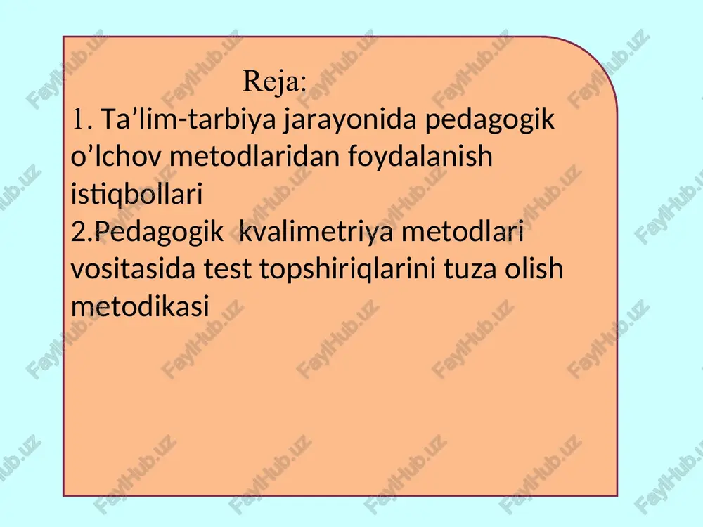 i aniqlanadi. test topshiriqlari didaktik materiallar sirasiga mansub bo‘lib, u quyidagi funksiyalarni amalga oshiradi:  test topshiriqlarining ta’limiy funksiyasi. test topshiriqlari talabalarning o‘zlashtirgan bilim, ko‘nikma va malakalaridagi tipik kamchiliklarni aniqlash barobarida, ularni o‘z bilimlarini orttirish maqsadida muntazam va tizimli fan asoslarini o‘rganishga undaydi.  test topshiriqlarining tarbiyaviy funksiyasi. test topshiriqlari talabalar tomonidan to‘g‘ri javobni topish jarayonida muayyan bilish qiyinchiliklarini his etishi, muammoni hal etish maqsadida aqliy operatsiyalar: tahlil, sintez, qiyoslash, umumlashtirish va xulosa yasash kabilarni bajarishi orqali ularda barkamollikka zamin tayyorlaydigan sifatlar: iroda, ongli intizom, muayyan o‘quv muammolarini hal etishga safarbarlik, chidamlilik, sabrtoqat, yutuqlarga erishish uchun bilimi va kuchini sarf etishi orqali shaxs sifatida rivojlanishiga imkoniyat yaratadi. yuqoridagi fikrlarni e’tiborga olgan holda, test topshiriqlari didaktik material sifatida quyidagi talablarga javob berishi lozim: 1. har bir test topshirig‘i tegishli ta’lim turi bo‘yicha o‘quv rejadan o‘rin olgan o‘quv kurslari bo‘yicha davlat ta’lim standarti va o‘quv dasturi asosida tuzilishi shart. integrativ testlar ham …