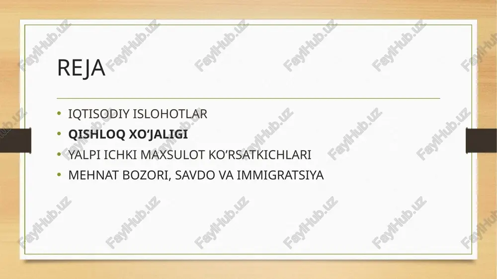 da qattiq intizomga rioya etiladi, aholi har qanday tashqi taʼsirdan muhofaza qilinadi. oʻzbekiston va shimoliy koreya oʻzbekiston va shimoliy koreya oʻrtasida diplomatik munosabatlar 1992-yilda oʻrnatilgan boʻlsa-da, iqtisodiy hamkorlik deyarli mavjud emas. munosabatlar asosan rasmiy darajadagi muloqotlar bilan cheklangan. shimoliy koreya iqtisodiyoti bir qancha asosiy sanoat tarmoqlariga tayanadi. bu tarmoqlar mamlakatning iqtisodiy rivojlanishida muhim rol oʻynaydi. metallurgiya qora va rangli metallurgiya sanoati rivojlangan. mashinasozlik mashinasozlik sanoati mamlakat iqtisodiyotining muhim qismi. kimyo sanoati kimyo va neft kimyosi sanoati ham mavjud. toʻqimachilik va oziq-ovqat sanoati ham rivojlangan. toʻqimachilik qishloq xoʻjaligi va transport infratuzilmasi kxdr qishloq xoʻjaligida dehqonchilik ustun turadi, yerlarga ishlov beriladi va sugʻoriladi. transport infratuzilmasi ham mamlakat iqtisodiyotida muhim oʻrin tutadi. dehqonchilik sholi, texnika ekinlari, dukkaklilar, paxta, tamaki va boshqalar yetishtiriladi. temir yoʻllar 4915 km dan ortiq temir yoʻllar mavjud, shundan 3500 km elektrlashtirilgan. avtomobil yoʻllari 31200 km dan ortiq avtomobil yoʻllari bor. plantatsiyalar jenshen, bogʻdorchilik va sabzavotchilik rivojlangan. eksport mahsulotlari va …