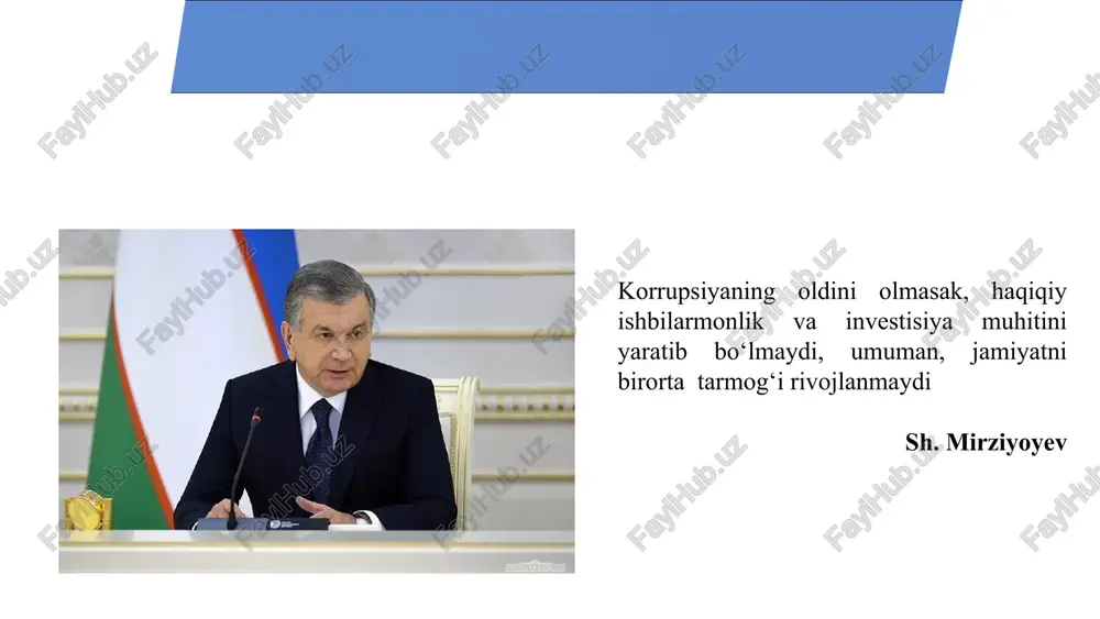 a va uning oqibatlari haqida huquqiy seminarlar, treninglar tashkil etish. jamoatchilik va ota-onalar bilan hamkorlikni kuchaytirish va o‘quvchilarni halol fuqarolar sifatida tarbiyalash. o‘qituvchi, o‘quvchi va ota-onalarning shikoyat va takliflarini qabul qilish uchun maxsus platformalar yaratish. korrupsiyani yo‘qotish uchun har bir rahbar mas’uliyatini oshirish, rahbar faoliyatini nazorat qilish 5 7 8 mavzu yuzasidan xorijiy davlatlar tajribalari yaponiya.yaponiyada fuqarolar va ta’lim sohasidagi xodimlar huquqiy madaniyatga ega bo‘lib, korrupsiyaga qarshi kurashda faol ishtirok etadilar. ular noqonuniy holatlar yuzasidan tezkor chora ko‘radilar va bu korrupsiyani kamayishiga olib keladi. avstraliyada.maktablarda byudjet va moliyaviy faoliyatlarni nazorat qilish uchun ichki audit tizimlari mavjud. bu tizimlar korrupsiya holatlarini aniqlash va oldini olishga yordam beradi.o‘quvchilar, ota-onalar va xodimlar korrupsiyani aniqlash yoki uning oldini olish uchun anonim ravishda shikoyat qilishlari mumkin bo‘lgan tizimlar mavjud. germaniya ishga qabul qilishda ta’lim jarayonida olingan baholar yoki ishga kirish imtihonlaridan a’lo darajada o‘tishga asosiy e’tibor qaratiladi . korrupsiya jinoyatini sodir etgan shaxsning ushbu lavozimda …