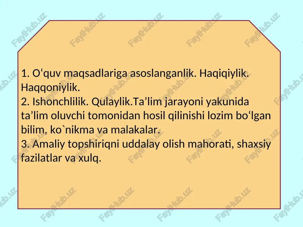 ta’lim oluvchilarning dastlabki bilim, ko’nikma va malakalarini aniqlash uchun o’tkaziladi. joriy baholash-muntazam o’tkaziladi.ta’lim jarayonidagi yutuq va kamchiliklarni, ta’lim jarayoni samaraligini tezkor aniqlab beradi.asosan o’quvchining intilishlari baholanadi hayrixoxlik qilish- agar ta’lim beruvchi biror ta’lim oluvchiga nisbatan hayrixoxlik bilan qarasa,bu bahoning biroz yuqoriroq bo’lishiga olib kelishi mumkin. yuqori talab qo’yish xatosi-agar ta’lim beruvchi o’ziga nisbatan yuqori talab qo’ysa va xuddi shunday yuqori darajadagi talablarni ta’lim oluvchilarga nisbatan qo’llasa, bu xato bahoning biroz pastroq bo’lishiga olib kelishi mumkin. o’rtacha baho berish xatosi- bu xato ta’lim oluvchilarning natijalari o’rtacha baholanishini bildiradi.buning sabablari ta’lim beruvchining o’ta yaxshi va o’ta yomon baho berishidan qo’rqishi bo’lishi mumkin. o’z fikrini o’zgartirmaslik xatosi-ta’lim beruvchi o’zining birinchi fikrini o’zgartirishni xoxlamasligi tufayli, o’z nazoratining natijalarini o’zgartirishsiz qoldiradi.bir marta sodir bo’lgan voqea tufayli ta’lim beruvchida biror ta’lim oluvchi to’g’risida qolgan ijobiy yoki salbiy taassurotlar bunga sabab bo’lishi mumkin . yoqtirmaslik xatosi- biror ta’lim oluvchining yoqtirmasligi yoki unga nisbatan salbiy fikrda bo’lishi tufayli …