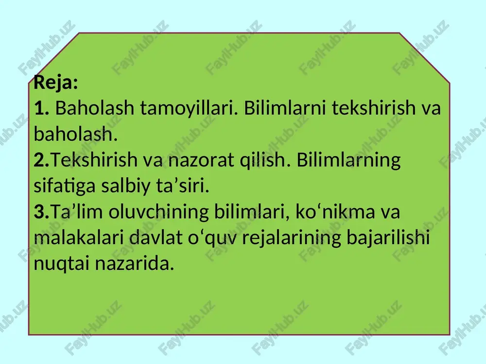 iga o’xshash bo’lishi kerak. qulaylik. baholash tizimi o’quv maqsadlaridan kelib chiqqan holda o’quv va ishlab chiqarish standartlariga mos bo’lishi, murakkab bo’lmasligi, nazorat o’tkazuvchi va ta’lim oluvchi uchun qulay bo’lishi lozim. baholashni o’tkazishda imkon qadar kompyuter te[nologiyalaridan keng foydalanish maqsadga muvofiqdir. umumlashtiruvchi baholashni o’tkazishda quyidagilarga e’tibor berish lozim:  ta’lim oluvchi umumlashtiruvchi baholash nima uchun o’tkazilishi haqida ma’lumotga ega bo’lishi lozim. bu uni baholashga tayyorgarlik ko’rishga olib keladi;  baholashni o’tkazish shartlari unga jiddiy yondashishiga, diqqatni chalg’itadigan yoki tasodifiy uzilishlardan o’zini chetga olishga hamda ta’lim oluvchiga o’z qobiliyatini namoyish qilishiga imkon beradi; joriy (shakllantiruvchi) baholash - ta’lim jarayonida muntazam ravishda o’tkazib boriladi. yakukiy (umumlashtiruvchi) baholash – ta’lim oluvchining ta’lim jarayoniniig ma’lum davridagi o’zlashtirish natijalarini belgilangan mezon va standartlarga javob berishini aniqlaydi. noxushlik his qilmasligiga imkoniyat yaratish kerak;  baholovchi va ta’lim oluvchi baholash nima berishi, u qachon, kim tomonidan va qanday o’tkazilishini bilishlari muhim ahamiyatga ega;  qo’yilgan baho o’quv natijasi …