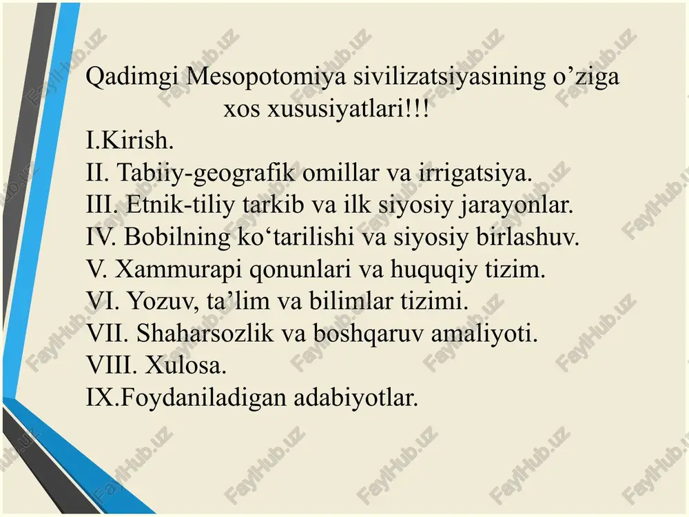 ing birlashishi sodir bo'ldi. iqtisodiy zarurat, shu jumladan butun mesopotamiya vodiysi miqyosida yagona irrigatsiya xo'jaligini saqlash zarurati ham mamlakatni siyosiy birlashtirish zaruriyatini belgilab berdi. 9 bobil furot daryosining sohilida joylashgan edi. 10 shoh sharkalisharri davri muhri taassurotlari bobil haqida birinchi eslatma akkad shohi sharkalisharri (miloddan avvalgi xxiii asr) yozuvida uchraydi. 11 miloddan avvalgi xxii asrda. bobilni butun mesopotamiyani oʻziga boʻysundirgan shumerlar davlati qiroli shulgi egallab, talon-taroj qildi. shumer ma'budasi 12 abby ii, mari shahrining hukmdori. alabaster. ishtar ibodatxonasi 20-asrda amorit qabilalari. miloddan avvalgi e. mesopotamiyada mustaqil qirolliklarni tashkil qila boshladi. 13 larsa qirollari ro'yxati, hammurapi hukmronligining 39 yilligi. miloddan avvalgi 1895 yilda. e. amoriylar rahbari sumu-abum markazi bobilda bo'lgan ushbu shohliklardan birini yaratdi. mesopotamiya davlatlari o'rtasidagi faol urushlar paytida, miloddan avvalgi 1800 yilga kelib. e. bobil mamlakat janubining markazi bo'lib, larsa qirolligi tomonidan nazorat qilinadi . 14 bobil shohi xammurapining surati. miloddan avvalgi 18-asr yuqori mesopotamiyani o'z ichiga olgan ulkan …