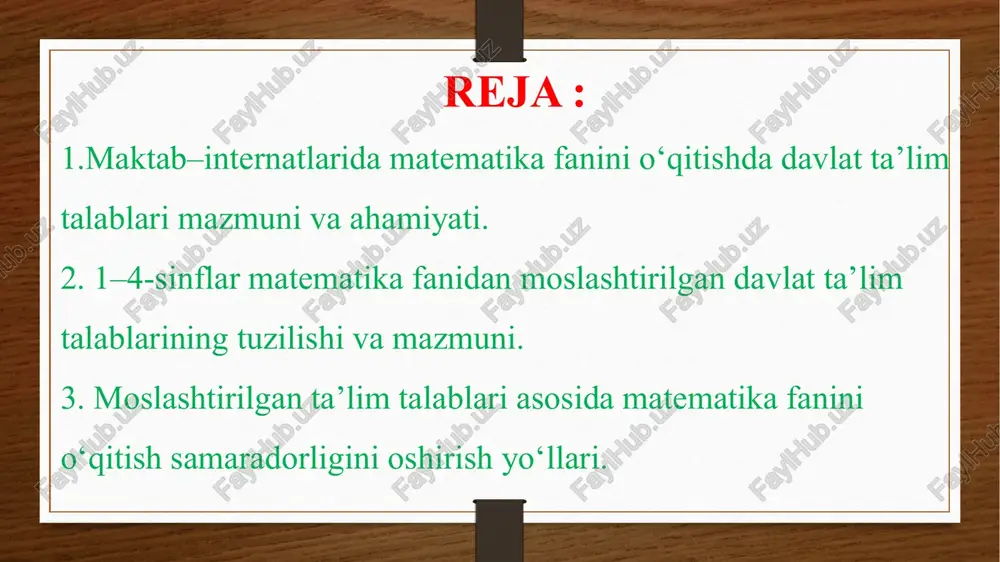 sosiy me’yoriy hujjatdir. u 1–4-sinflar uchun matematika fanida o‘quvchilarning yosh, psixologik va fiziologik xususiyatlariga mos tarzda ishlab chiqiladi. matematika fanining 1–4-sinflar uchun mo‘ljallangan moslashtirilgan dttsi o‘quvchilarda elementar matematik bilimlarni shakllantirish, mantiqiy fikrlashni rivojlantirish, atrof-muhitdagi sonli va shakliy munosabatlarni anglashni ta’minlashga qaratilgan. bu talablar “davlat ta’lim standarti”, “o‘quv dasturi” va “metodik tavsiyalar” bilan uzviy bog‘liq bo‘lib, har bir sinf darajasida o‘quvchilardan kutiladigan natijalarni aniq belgilab beradi. 1. dtt tuzilmasi moslashtirilgan dtt uch asosiy qismdan iborat: umumiy maqsad va vazifalar – matematika fanini o‘qitishning pirovard maqsadi, ya’ni o‘quvchilarda matematik tafakkur, hisoblash va mantiqiy fikrlash malakalarini shakllantirish. o‘quv natijalari (kompetensiyalar) – har bir sinf bo‘yicha o‘quvchi erishishi lozim bo‘lgan bilim, ko‘nikma va malakalar majmui. baholash mezonlari – o‘quvchi faoliyati natijalarini aniqlash, ularning rivojlanish darajasini baholash mezonlari va usullari. 2. dtt mazmuni 1–4-sinflar uchun matematika fanining mazmuni quyidagi yo‘nalishlarni o‘z ichiga oladi: sonlar va amallar: 1-sinfda 1 dan 10 gacha bo‘lgan sonlarni o‘rganish, sanash, …