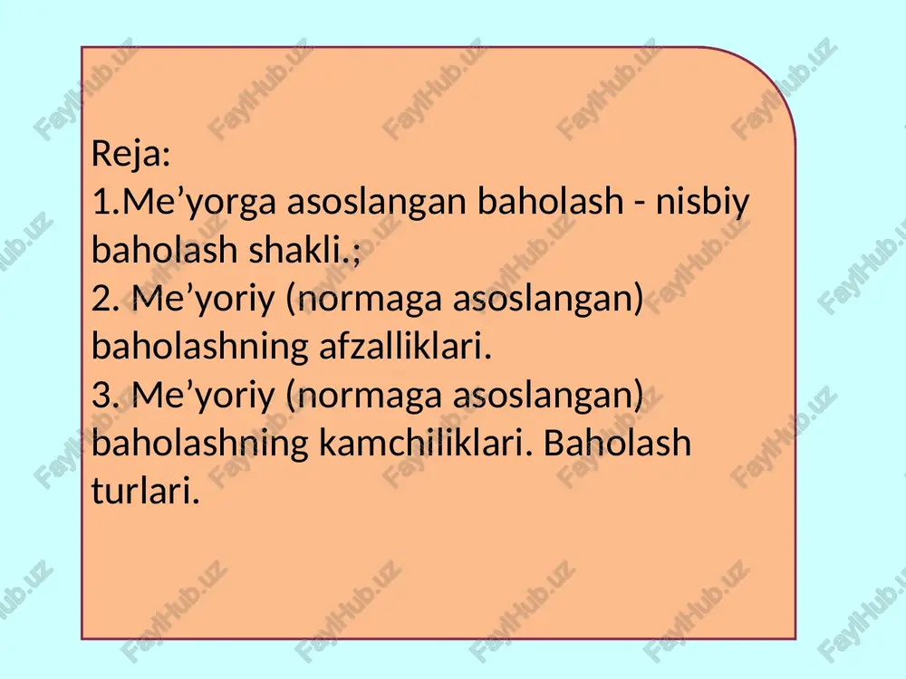 i reyting tizimi besh balli tizimga quyidagi didaktik talablar qo‘yiladi: -tizimli va doimiy tarzda bo‘lishi shart; -individual xarakterga ega bo‘lishi kerak; -davlat ta’lim standartlariga asoslangan (o‘zlashtirish darajalari hisobga olingan) bo‘lishi kerak. yuz balli reyting tizimida: egallanishi mumkin bo‘lgan maksimal ball 100 ball; joriy nazorat bo‘yicha erishilishi mumkin bo‘lgan maksimal ball-80 ball; oraliq nazorat bo‘yicha erishilishi mumkin bo‘lgan maksimal ball-20 ball; o‘tish bali -55 ball (%) baholashdagi xatoliklar hayrixohlik xatosi-faoliyatni yuqori baholashga olib keladi; yuqori talab qo‘yish xatosi-o‘quvchi faoliyatiga qo‘yilgan baho xaqiqiysiga nisbatan past bo‘lishiga sabab bo‘ladi; o‘rtacha baho berish xatosi-masalan, amaliyotlar jarayonida brigadalarga ajratilgan o‘quvchilar faoliyati natijasiga o‘rtacha bir xil baho qo‘yish. e’tiboringiz uchun rahmat!