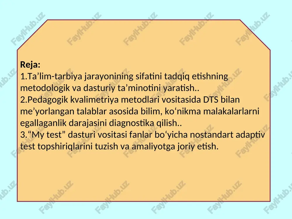 arning umumiy va kasbiy layoqatinini aniqlash metodikasi, talabalar tomonidan bilimlarni egallaganlik va tarbiyalanganlik darajasini aniqlash va pedagogik xulosa yasash malakasini egallagan bo‘lishi zarur. muayyan o‘quv fanlari bo‘yicha talabalarning o‘zlashtirgan bilim, ko‘nikma va malakalarini aniqlash maqsadida suhbat o‘tkaziladi va natijalar tahlil etiladi. yuqorida qayd etilgan barcha jarayonlardan olingan natijalar matematik-statistik metod vositasida tahlil qilinadi va ma’lumotlar umumlashtirilib, oliy ta’lim muassasasida tashkil etiladigan pedagogik jarayonning samaradorligi haqida umumiy xulosa tayyorlanadi. pedagogik kvalimetrik jarayonni induktiv mantiqiy yo‘nalishda tashkil etilishi sirasiga pedagog kadrlarning kasbiy-pedagogik tayyorgarligi, kasbiy layoqatini baholash va o‘z-o‘zini baholash jarayoni kiradi. bu jarayonda professor-o‘qituvchilarni attestatsiyadan o‘tkazish maqsadida ularning pedagogik faoliyati tahlil etiladi. pedagogik kvalimetriya metodlaridan foydalanish muammolari quyidagilardan iborat. - ta’lim-tarbiya jarayonining sifatini tadqiq etishning metodologik va dasturiy ta’minotini yaratish; - pedagogik kvalimetriya metodlari vositasida talabalarning ta’lim muassasalarida fanlar bo‘yicha dts bilan me’yorlangan talablar asosida bilim, ko‘nikma, malakalar va kompetensiyalarni egallaganlik darajasini diagnostika qilish sohasida fundamental tadqiqotlar o‘tkazish; -uzluksiz ta’lim tizimining umumiy …