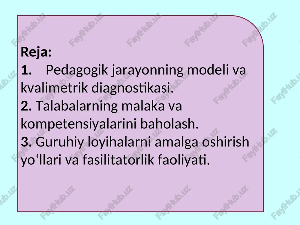 lim-tarbiya jarayonini tashkil etishning asosiy shakli hisoblanadi. mazkur mashgʼulotni kuzatish uchun, avvalo, maʼruza mashgʼulotining tipi (kirish, muammoli, umumlashtiruvchi), maqsadi va vazifalari, foydalaniladigan innovatsion texnologiyalarni aniqlab olish zarur. mashgʼulot quyidagi bosqichlarga boʼlib tahlil qilinadi: umumiy maʼlumotlar: guruh, oʼquv fani, maʼruza mashgʼuloti tipi, turi (frontal, kichik guruhlarda ishlash), mavzusi, mashgʼulot oʼtkazilayotgan vaqt. oʼqituvchining mashgʼulotga tayyorgarligi: oʼqituvchida oʼquv fanini oʼqitish rejalashtirilgan ishchi dasturi, istiqbol reja, mavzuli-taqvim reja, mavzu boʼyicha keys stadi topshiriqlari, kichik guruhlarda oʼqitish metodidan foydalanish imkonini beradigan oʼquv topshiriqlari majmuasi, mustaqil taʼlim rejasi, reyting tizimi boʼyicha baholash meʼyorlarini qamrab olgan fan silabusi, mashgʼulot ishlanmasi va texnologik xaritaning mavjudligi, oʼtgan va yangi mavzu boʼyicha talabalarning bilimlarini nazorat qilish va baholash uchun topshiriqlarning yetarli nusxada boʼlishi; yangi mavzu yuzasidan talabalarning bilimlarini faollashtirish. fanlararo, boblararo, mavzulararo bogʼlanishni amalga oshirilganligi, keys stadi topshirigʼi, aqliy hujum oʼtkazilganligi, topshiriqlarning keng qamrovliligi, topshiriqlarning murakkablik darajasi va ketma-ketligi, tempi, ragʼbatlantirishning mavjudligi, uning haqqoniyligi, uzviyligi. talabalar oʼquv motivlarining holati. ajratilgan …
