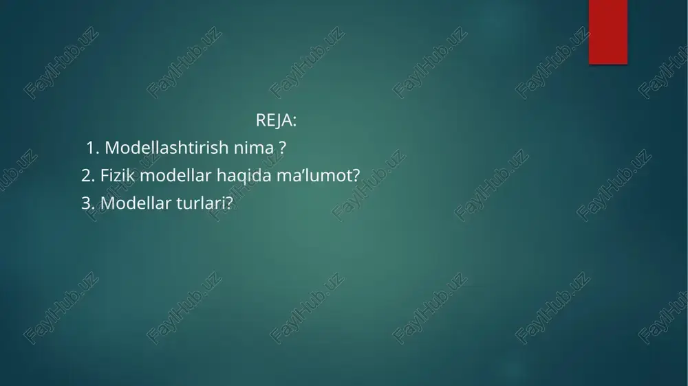 u kabilar kiritiladi. fizika va elektronika ta’limi soxalarida kompyuter texnalogiyalaridan foydalanilgan holda fizikaviy jarayonlar va tajribalarni modellashtirish usullari qarab chiqiladi. fizik jarayonlarni labview dasturida modellashtirish o‘quvchilarga ko‘pgina qulayliklar yaratadi. labview dasturi yordamida temperatura va svitafor loyixalashtiriladi. modellashning yana bir turi analog modellashdir. u fizik tabiati har xil boʻlgan, lekin bir xil matematik (algebrik, differensial va boshqalar) tenglamalar bilan ifodalanadigan hodisalarning analogiyasi (oʻxshashligi)ga asoslanadi. modellash har doim boshqa ilmiy va maxsus usullar bilan birga qoʻllanadi. avvalo, modellash eksperiment bilan chambarchas bogʻliq. biror hodisani uning modelida oʻrganishni eksperimentning alohida xili deb karash mumkin. baʼzi murakkab hodisalar (mas, turbulentlik, havo yoki suyuqlik oqimining uzilish sohasidagi pulslanishlar va boshqalar) uchun stoxastik modellashdan foydalaniladi. u hodisalarning ehtimolligini aniqlashga asoslanadi. bunday modellar ayni hodisadagi ayrim jarayonlarning oʻtishini toʻla aks ettirmaydi, balki qandaydir oʻrtacha, summar natijani beradi. fizik modellashtirish paytida o’rganilayotgan jarayonning tabiatini ochib beruvchi tajribalar sanoat qurilmalaridan (originaldan) o’lchamlari va ish unumdorligi bilan farqlanuvchi fizik modellarda …