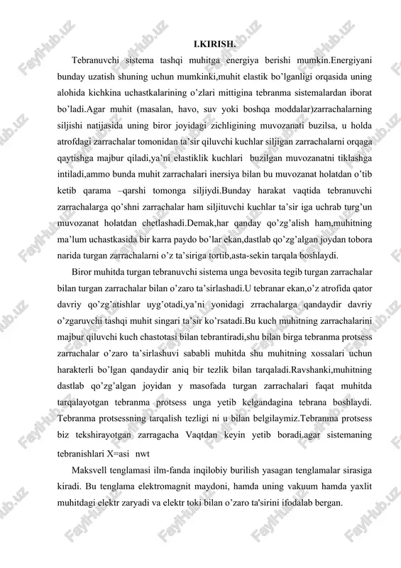 zlik bilan tarqaladi.ravshanki,muhitning dastlab qo’zg’algan joyidan y masofada turgan zarrachalari faqat muhitda tarqalayotgan tebranma protsess unga yetib kelgandagina tebrana boshlaydi. tebranma protsessning tarqalish tezligi ni u bilan belgilaymiz.tebranma protsess biz tekshirayotgan zarragacha vaqtdan keyin yetib boradi.agar sistemaning tebranishlari x=asinwt maksvell tenglamasi ilm-fanda inqilobiy burilish yasagan tenglamalar sirasiga kiradi. bu tenglama elektromagnit maydoni, hamda uning vakuum hamda yaxlit muhitdagi elektr zaryadi va elektr toki bilan o’zaro ta'sirini ifodalab bergan. ahamiyati: ushbu tenglamalar elektromagnit to’lqinlar tabiatini anglashda katta xizmat qilgan. zamonaviy texnologiyalarda qo’llaniladigan ko’plab ilmiy jarayonlarning asosini tashkil qiladi. bugungi kun uchun dolzarbligi: biz uchun o’ta ahamiyatli bo’lgan zamonaviy texnika vositalari - mobil aloqa, televideniye va radio, hamda radarlar ushbu tenglamaga muvofiq ishlaydi. ii.asosiy qism 2.1. siljish toki haqida tushuncha 19 asrning 60- yillarida maksvell yagona elektromagnit maydon nazariyasini ishlab chiqdi, bu nazariyaga muvofiq o’zgaruvchan elektr maydoni o’zgaruvchan magnit maydonini, o’zgaruvchan magnit maydoni esa, o’zgaruvchan elektr maydonini vujudga keltiradi. bu ikkilamchi o’zgaruvchan …