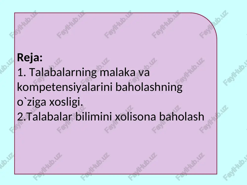 zaro chambarchas, o`quvchilar yaqqol tushunadigan yo`sinda bog`lash ularning fandan olgan bilim, ko`nikma va malakalarini boyitadi, kengaytiradi va yanada shakllantiradi. bilim, ko`nikma va malakalarni nazorat qilishga qo`yilgan talablar o`quvchilarning bilim, o`quv hamda malakalarini nazorat qilish o`z vaqtida va sistemali ravishda o`tkazilgandagina zarur o`quv va tarbiyaviy samara beradi. o`qituvchi har bir o`quvchining muvaffaqiyatlari qanday ekanligini hamma vaqt bilishi.kerak, shundagina u o`quvchilarning xatosini o`z vaq­tida aniqlashi va uni to`zatishi, tegishli yordam ko`rsatish mumkin bo`ladi. o`quvchilarning bilim, o`quv hamda malakalarini nazorat qilishga differensiallangan tarzda yondoshish o`quv ishining har xil bosqichlarida ularning ishlab chiqarish tajribalarini va umumta`lim tayyorgarligini hisobga olishda ham namoyon bo`ladi. o`quvchilarning o`qishdagi muvaffaqiyatlarini nazorat qilish va baholashda ularning individual xususiyatlari e`tiborga olinishi kerak. tabiiyki, gruppadagi hamma o`quvchilarga bilimlarning hajmi va sifati jihatidan bir xil talablar qo`yiladi. ammo, shu bilan birga, ba`zi hollarda ayrim o`quvchilarning jur`atsizlik yoki tortinchoqlik, suet fikrlash, o`ziga ortiqcha ishonish, jismoniy kamchilik kabi xislatlarini ham e`tiborga olish zarur. e’tiboringiz uchun …
