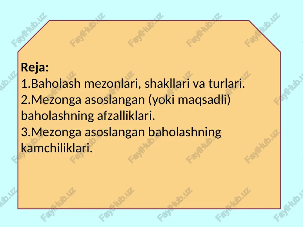 mchiliklarni, ta’lim jarayoni samaraligini tezkor aniqlab beradi.asosan o’quvchining intilishlari baholanadi o`quvchilarning o`qishdagi muvaffaqiyatlarini nazorat qilish va baholashda ularning individual xususiyatlari e`tiborga olinishi kerak. tabiiyki, gruppadagi hamma o`quvchilarga bilimlarning hajmi va sifati jihatidan bir xil talablar qo`yiladi. ammo, shu bilan birga, ba`zi hollarda ayrim o`quvchilarning jur`atsizlik yoki tortinchoqlik, suet fikrlash, o`ziga ortiqcha ishonish, jismoniy kamchilik kabi xislatlarini ham e`tiborga olish zarur. o`quvchilarning bilim, ko`nikma hamda malakalarini tekshirish og`zaki, yozma va amaliy tarzda bo`lishi mumkin. yozma tekshirish va mustaqil ishlar bilimlarni tekshirishning asosiy shakllari hisoblanadi. yozma tekshirish o`quvchilarning bilimlari sifatini: to`g`riligi, aniqligi, anglab olingani, amalda tatbiq etilishi to`g`risida bir fikrga kelish va qisqa vaqt ichida guruhdagi barcha o`quvchilar bilimini tekshirib ko`rishga imkon beradi. o`quvchilardan yakka tartibda so`rash — bilimlarni mavzuga doir yakuniy tekshirishning keng tarqalgan shakllaridan biridir. yakka tartibda so`rash chog`ida o`quvchi doska oldida javob beradi. uning javobini butun guruh eshitib turadi. o`quvchilar yo`l qo`yilgan hatolarni to`g`rilaydilar, qo`shimchalar va izohlarni kiritadilar. nazoratning …