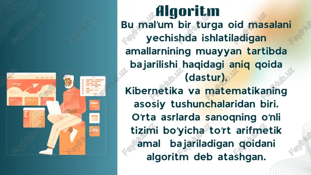 a boʻlishi lozim hamda faqat algoritmlar koʻrsatilgan tartibda bajarilishi shart. algoritmning har bir qoidasi aniq va bir qiymatli boʻlishi zarurki, bunda vaqtning biror daqiqasida olingan miqdorlar qiymati vaqtning shundan oldingi daqiqasida olingan miqdorlar qiymati bilan bir qiymatli aniqlangan boʻladi. tushunarlilik-ijrochiga tavsiya etilayotgan koʻrsatmalar va uning uchun tushunarli boʻlishi shart, aks holda ijrochi oddiy amalni ham bajara olmay qolishi mumkin. har bir ijrochining bajara olishi mumkin boʻlgan boʻlgan koʻrsatmalar tizimi mavjud ommaviylik-har bir algoritm mazmuniga koʻra bir turdagi masalalarning barchasi uchun yaroqli boʻlishi lozim. algoritm bitta masalani yechish uchun emas balki shunga oʻxshash turdosh masalalar sinfini haletish uchun xizmat qiladi. natijaviylik-har bir algoritm chekli sondagi qadamlardan soʻng albatta natija berishi lozim. algoritm masalalarning yechimiga chekli sondagi qadamlar ichida olib kelishi yoki masalani "yechib boʻlmaydi" degan xabar bilan tugashi kerak.
